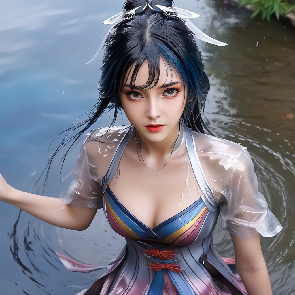 <lora:707-DA-XL-斗罗大陆-唐舞桐:0.8>(,1girl, ,best quality, ),looking at viewer,  ,(Highest picture quality), (Master's work), full body, (ultra-detailed), the portrait is centered, 1girl, raiden shogun, nsfw, (wet clothes), blush, bare hips, (sheer shirt), (from above:1.7), (translucent dress), water drop, (rain), (outdoors), stained, wet hair, wet dress, wet, scenery, (long hair), nature background, close up, ((on back)), water,masterpiece, best quality, ultra high res, highly detailed, (abstract expressionism art:1.4), [girl | fire ghost:10], love,, dark rainbow theme, colorful, visually stunning, beautiful, gorgeous, emotional, intricate, perferct shading, rainbow hair,upper body,(cleavage), 