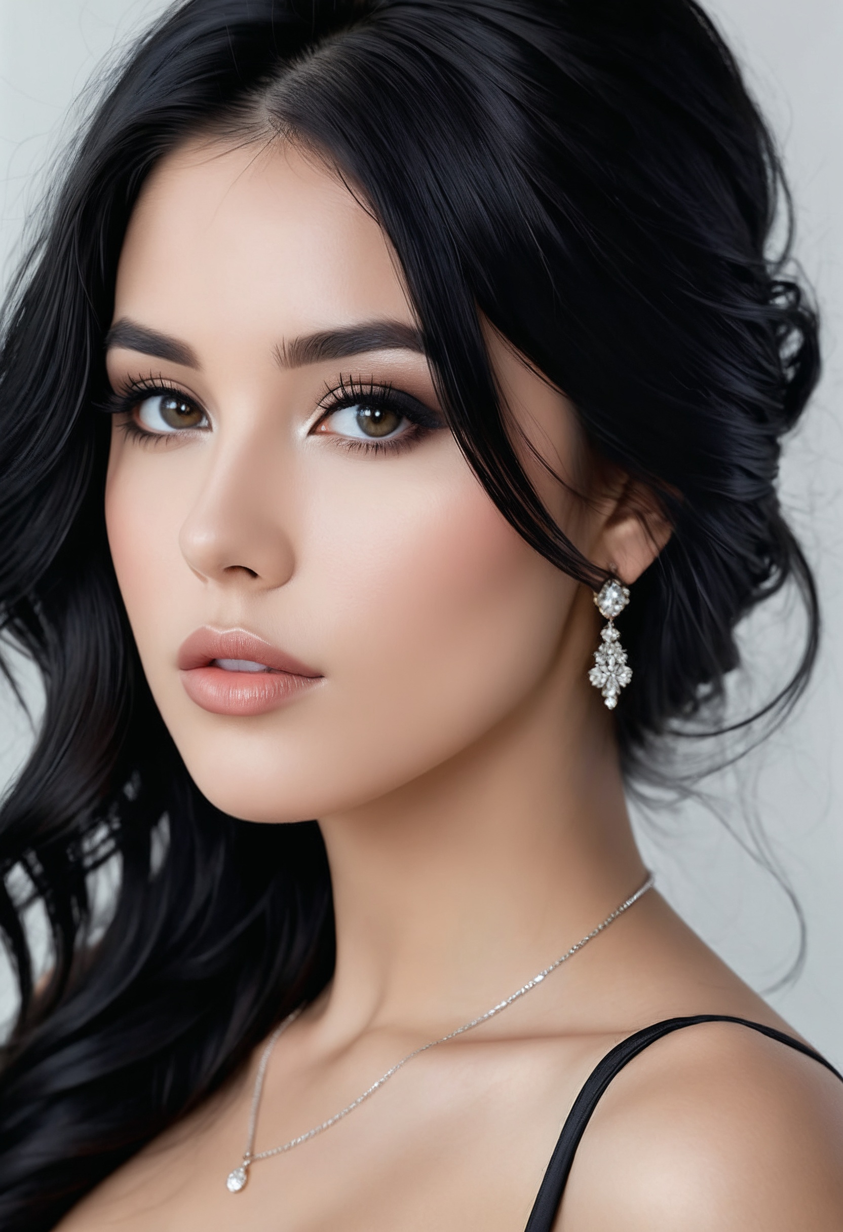A photorealistic upper body portrait of a beautiful woman with flowing black hair and piercing black eyes. She has full li...