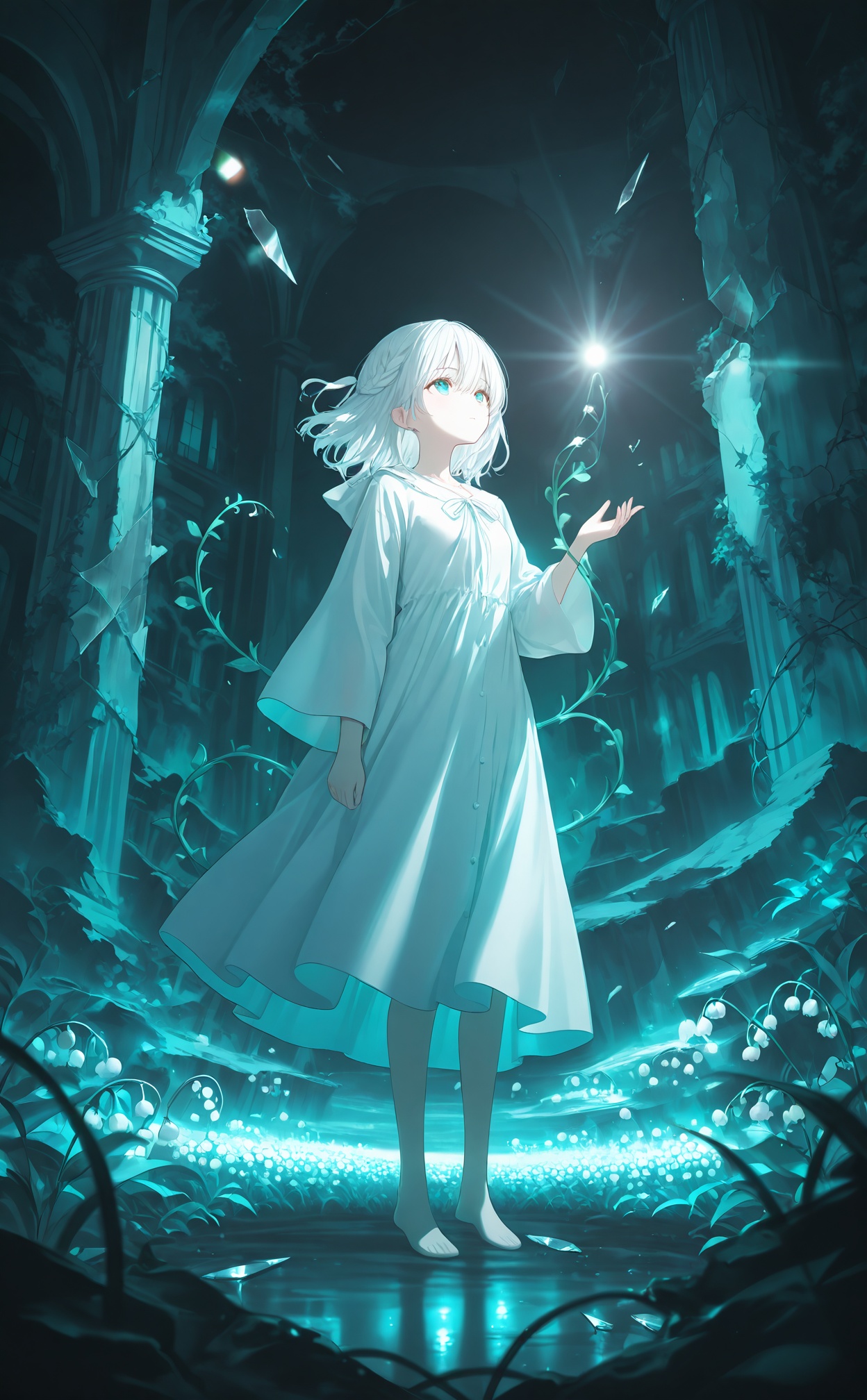 asterpiece, best quality, ultra-detailed, illustration, delicate and beautiful, detailed light,limited palette, contrast, phenomenal aesthetic, sumptuous artwork,1girl, solo,white hair, braid, medium hair,white dress, white robe,barefoot,closed mouth, looking up, blinking,standing, floating,forest, ruins, vines,lily of the valley,broken glass, broken wall,cold theme, aqua theme,lens flare, hdr, Tyndall effect