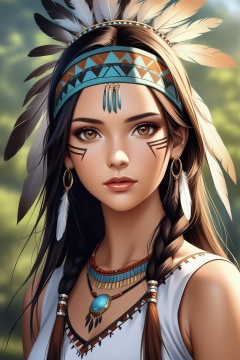 1girl, solo, long hair, looking at viewer, brown hair, shirt, black hair, hair ornament, brown eyes, jewelry, white shirt, upper body, braid, earrings, outdoors, sleeveless, necklace, blurry, lips, blurry background, headband, facial mark, feathers, realistic, headdress, feather hair ornament, native american,