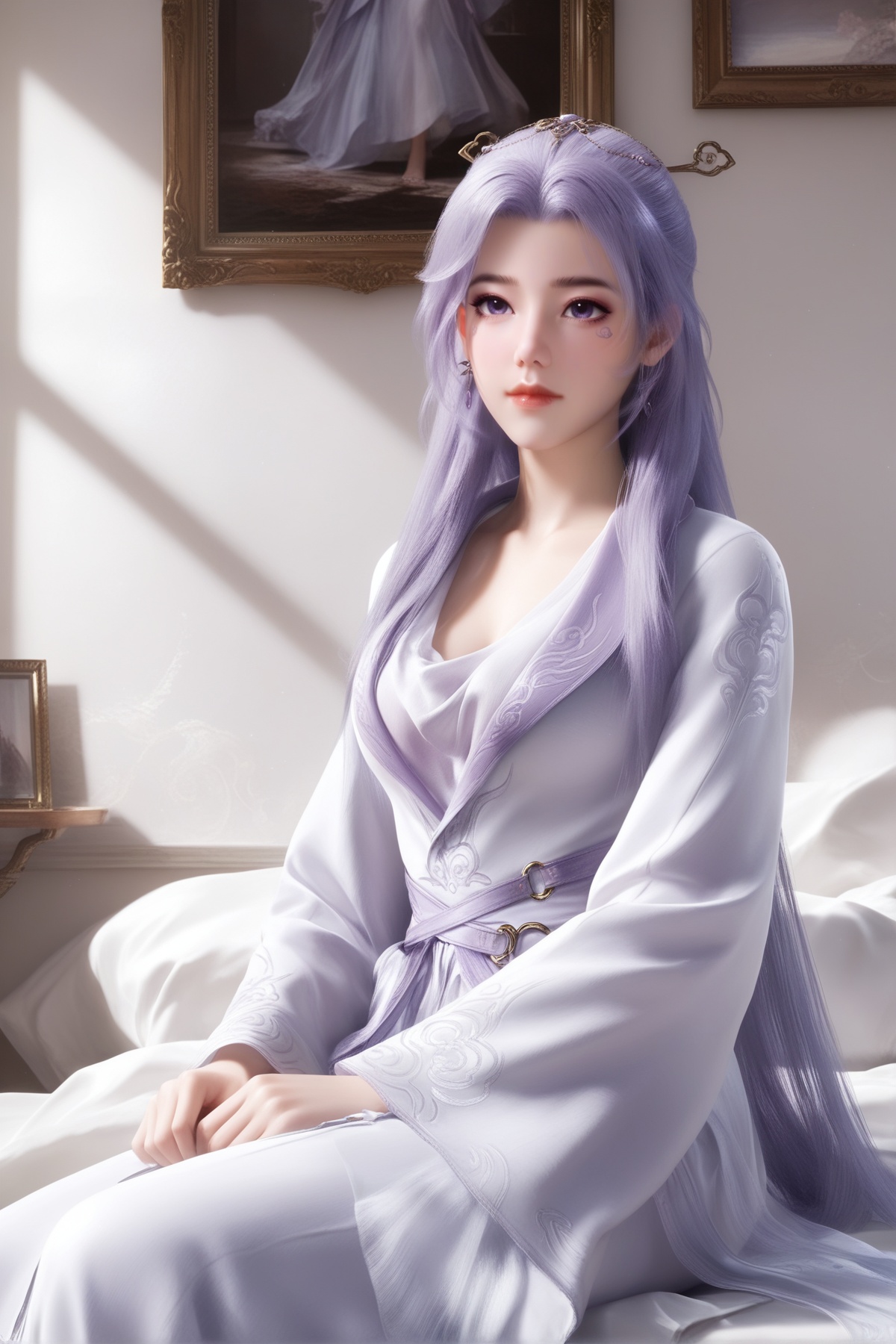 masterpiece,best quality,realistic,cinematic,detail eyes,(ultra-detailed),perfect composition,intricate details,absurdres,detailed face,high quality,high res,8K,<lora:X_yunxiao_IL3.0s:0.8>,1girl,long hair,breast,medium breasts,hair_ornament,dress,purple hair,purple eyes,facial mark,indoor,white wall,sitting,photo frame,bed,