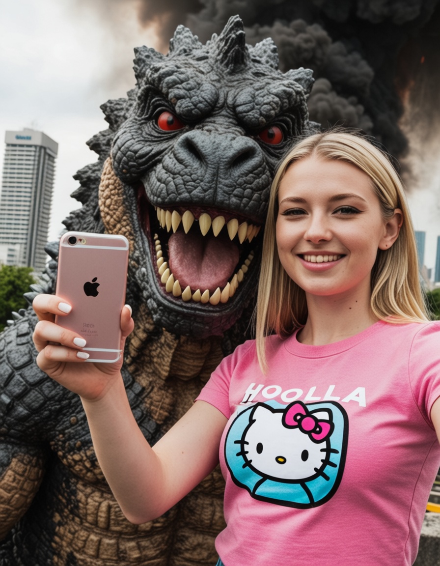 a beautiful blonde girl smiling and taking a selfie with an iphone,  dressed with a hello kitty pink t-shirt, on Tensor.Art