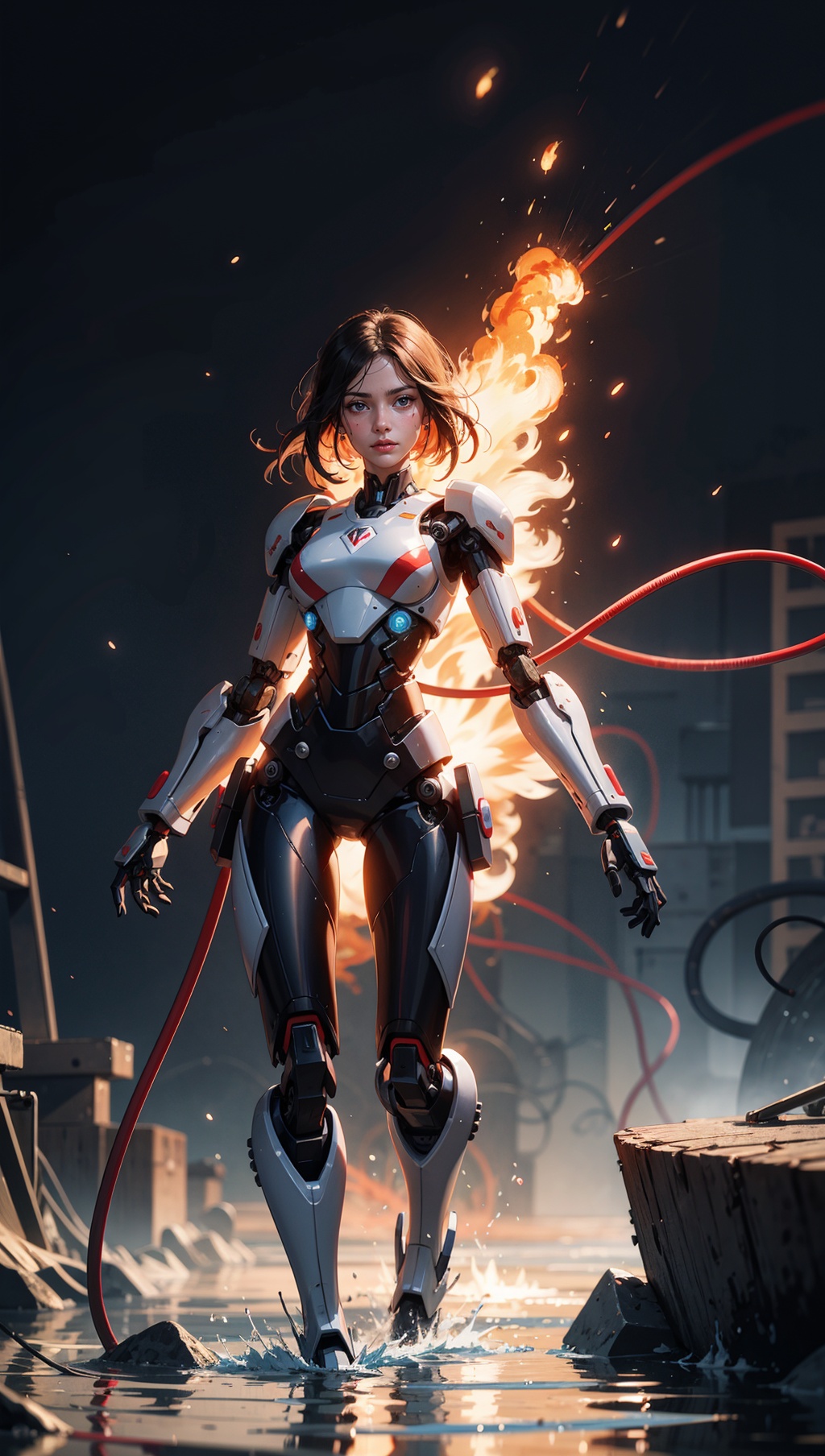 beautiful woman with with a robotic body coming out of oily water that is on fire. wires and particles in the backround on...
