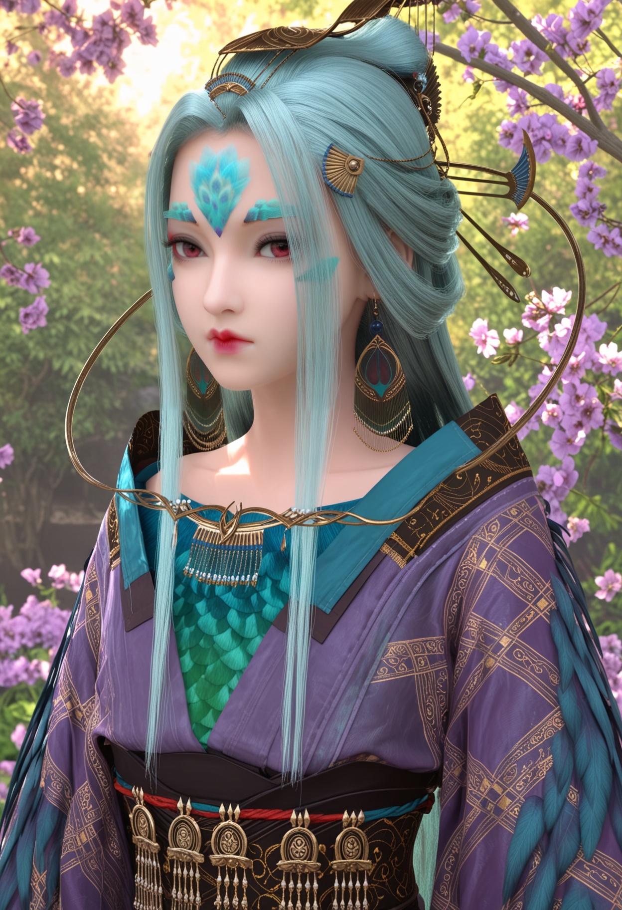 score_9,high detail,best quality,cinematic lighting,volumetric lighting,shiny skin,shiny,1girl,solo,jewelry,facial mark,long hair,upper body,closed mouth,sash,forehead mark,necklace,flower,hair ornament,earrings,expressionless,aqua hair,outdoors,japanese clothes,sidelocks,makeup,hair stick,looking at viewer,thick eyebrows,kimono,lips,realistic,red lips,red eyes,<lora:QQSponyfengmianV1:0.8>,<lora:Pony_DetailV2.0:0.8>,<lora:皮肤凹痕:0.1>,