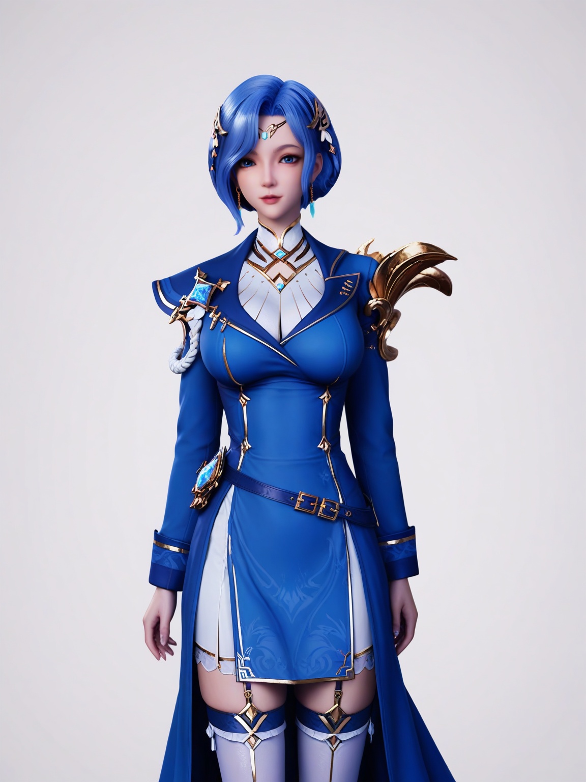 score_9,<lora:SF_LanYanYu_Pony_Realism2.3-000003:0.7>,1girl,solo,hair ornament,short hair,large breasts,blue hair,dress,blue jacket,standing,thighhighs,looking at viewer,white background,simple background,