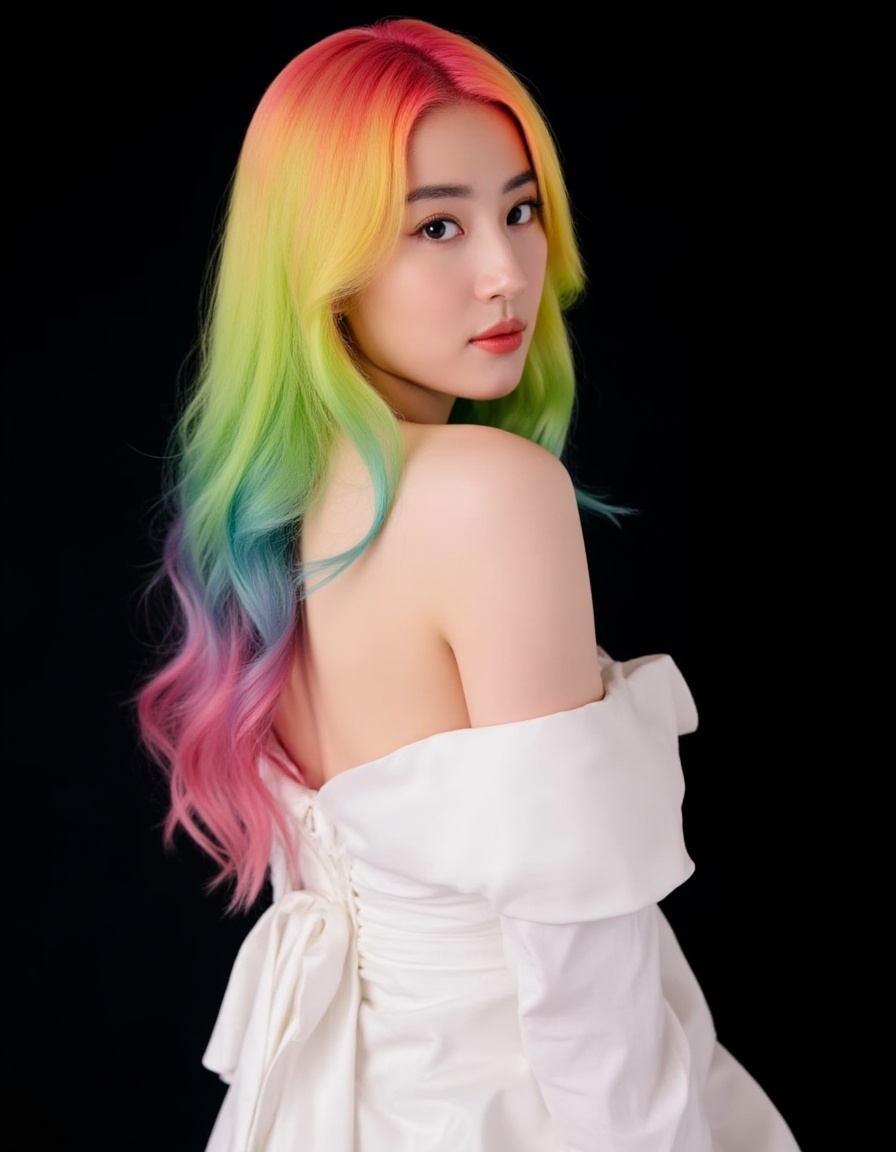 a woman with a rainbow colored hair and a white dress is posing for a picture with a black background and a black backgrou...