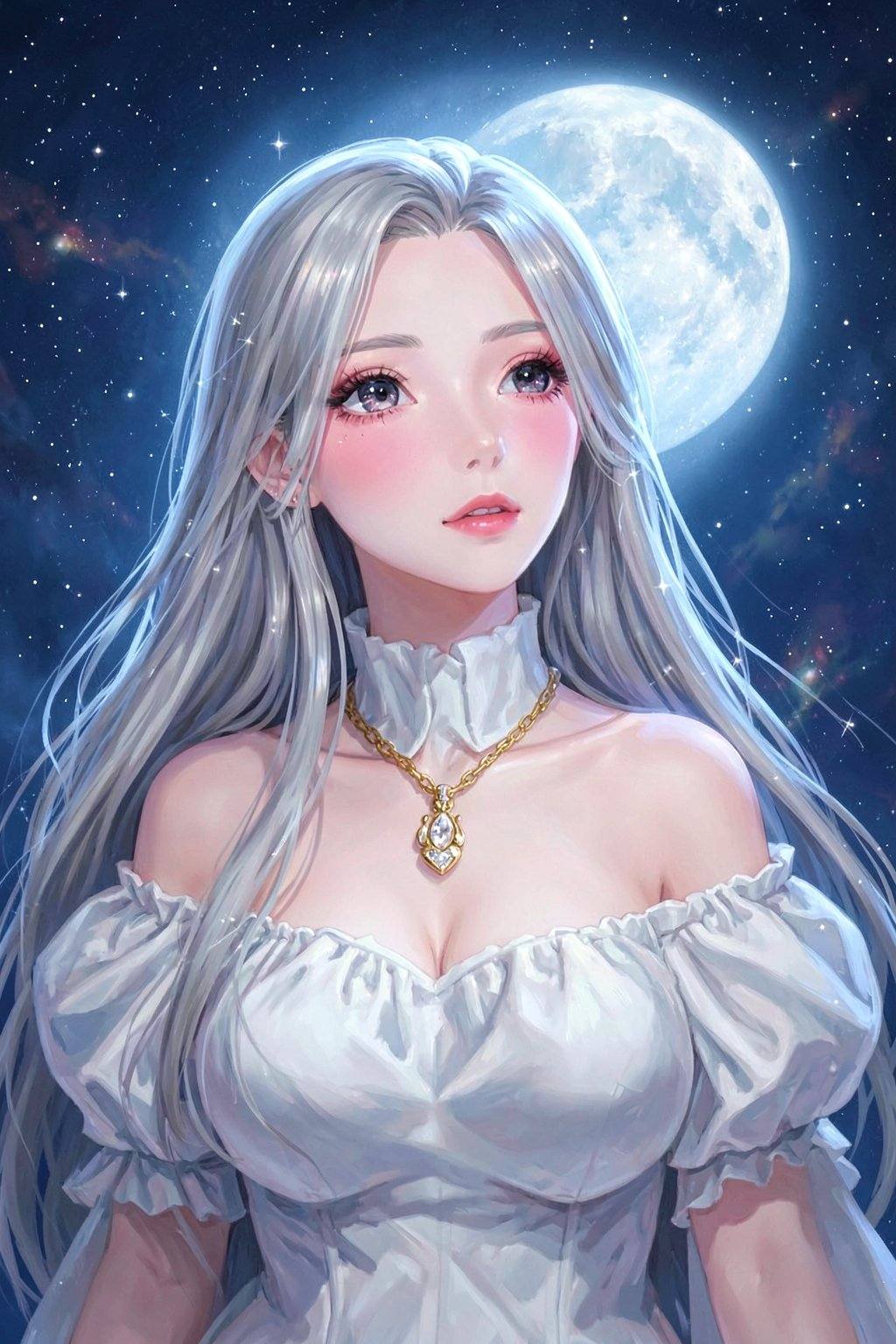 <lora:20260210_TinFlux2KleinAnimeLora2:0>, This is a digital painting in a highly detailed, realistic style. The subject is a young woman with long, flowing silver hair that cascades down her back and shoulders, adorned with a few small, star-like highlights. Her skin is fair with a subtle blush on her cheeks, giving her a delicate, ethereal appearance. She has large, expressive eyes with a soft, dreamy gaze and full, pink lips. Her outfit is an off-the-shoulder, white gown with puffy, ruffled sleeves and a high collar, which adds a touch of elegance and romance to her look. She wears a gold necklace with a large, sparkling pendant that catches the light, enhancing her regal aura. The background is a starry night sky with a full moon, its silvery glow illuminating her face and the gown. The night sky is a deep blue with scattered stars and a few faint, colorful nebulae, adding depth and a sense of cosmic wonder. The overall composition is serene and magical, with a blend of celestial elements and human beauty, creating a harmonious and enchanting scene. The painting captures a moment of quiet contemplation, with the woman seemingly gazing at the moon.