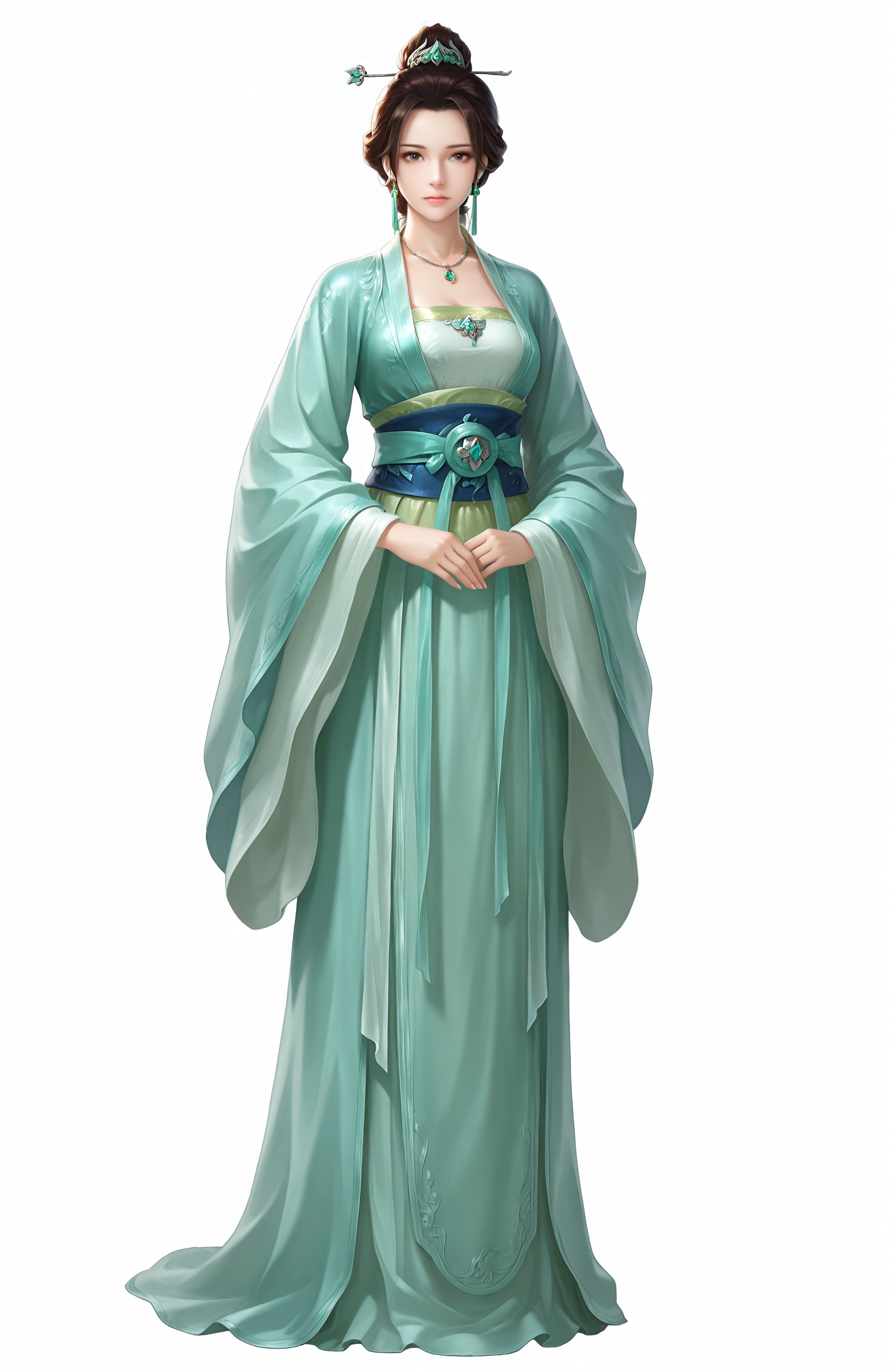 masterpiece,best quality,amazing quality,<lora:guf-ill-000008:0.9>,1girl,solo,full body,jewelry,chinese clothes,wide sleeves,simple background,brown hair,standing,long sleeves,hair ornament,looking at viewer,earrings,white background,brown eyes,hanfu,necklace,hair bun,sash,robe,closed mouth,