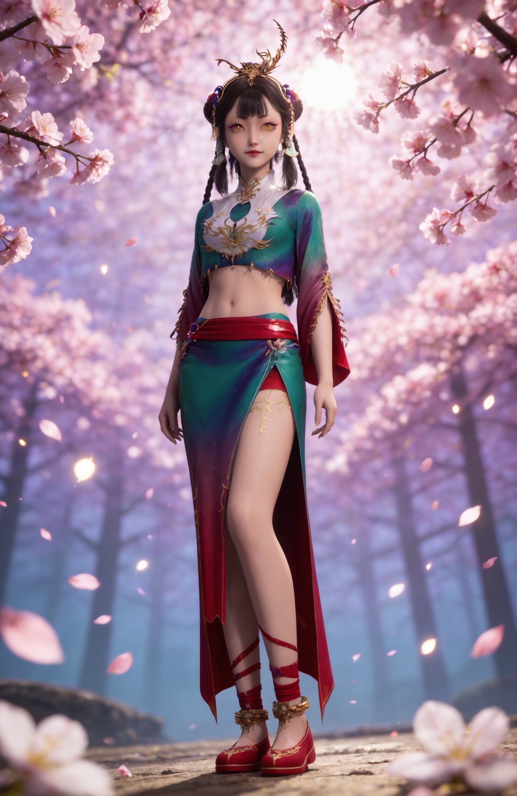 <lora:牧神记-仙清儿Pony2:0.7> 1girl, black hair, long hair, hair rings, hair bun, braid, hair ornament, jewelry, yellow eyes, crop top, chinese clothes, skirt, midriff, navel, red footwear, realistic style photo,outstanding style,Use soft lighting to cast gentle shadows on the subject,adding a touch of dimension to your images without compromising details,whirls of vapor,(Anime:1.1),soft neon light,ethereal ambiance,delicate details,magical atmosphere,concept art,highly detailed,ultra-high resolution,32K UHD,sharp focus,best-quality,masterpiece,golden hour,unconventional supreme masterpiece,masterful details,temperate atmosphere,with a high-end texture,in the style of fashion photography,magazine style,Dynamic Angle,Dynamic posture,magazine style,Dynamic Angle,Dynamic posture,(cowboy_shot:1.2),eye trail,depth of field,cinematic lighting,lens flare,close-up,extreme aesthetic,(wlop:0.6),(honjou raita,lack,rella,wanke:0.5),masterpiece,best quality,good quality,newest,year 2025,very aesthetic,absurdres,Visual impact,A shot with tension,ultra-high resolution,32K UHD,sharp focus,best-quality,masterpiece,Emotionalization,unconventional supreme masterpiece,masterful details,temperate atmosphere,with a high-end texture,in the style of fashion photography,(Visual impact:1.2),giving the poster a dynamic and visually striking appearance,, 1girl, solo, tree, branch, sunlight, outdoors, looking at viewer, blurry,  standing, blurry foreground,sun light,Tyndall,cherry blossom,