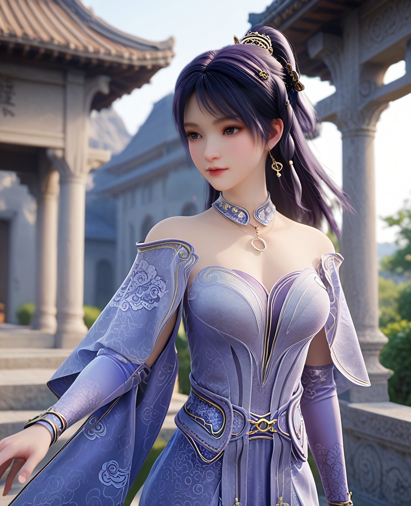 (oriental architecture, elegant decor, sophisticated style:1.1),(arms at her side:1.1),(breasts:1.2),<lora:XL遮天姬紫月2:0.95>,miss jiziyue,blue dress,shawl sleeves,purple hair,jewelry,bare shoulders,elbow gloves,sash,blue eyes,hair ornament,tassels,ponytail,inner skirt,, score_9,score_8_up,score_7_up,score_6_up,score_5_up,score_4_up,3d rendering,tag1,tag2, Cinematic Lighting,backlighting,