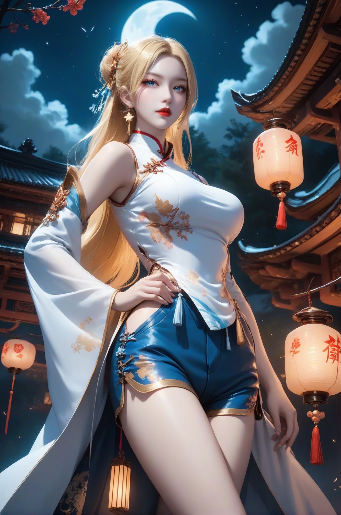 <lora:qianrenxue-v1:0.8>,qianrenxue,1girl,solo,blonde hair,blue eyes,long hair,breasts,medium breasts,red lips,lips,score_9,score_8_up,score_7_up,standing,hand on own hip,night sky,[moon],star \(sky\),chinese style architecture,lantern,(alternate costume:1.5),(white cheongsam:1.2),(puffy_shorts:1.4),<lora:DetailedEyes_V3:0.5>,<lora:LegLength&Muscular_400steps:2>,<lora:StS_age_slider_v1_initial_release:1.5>,