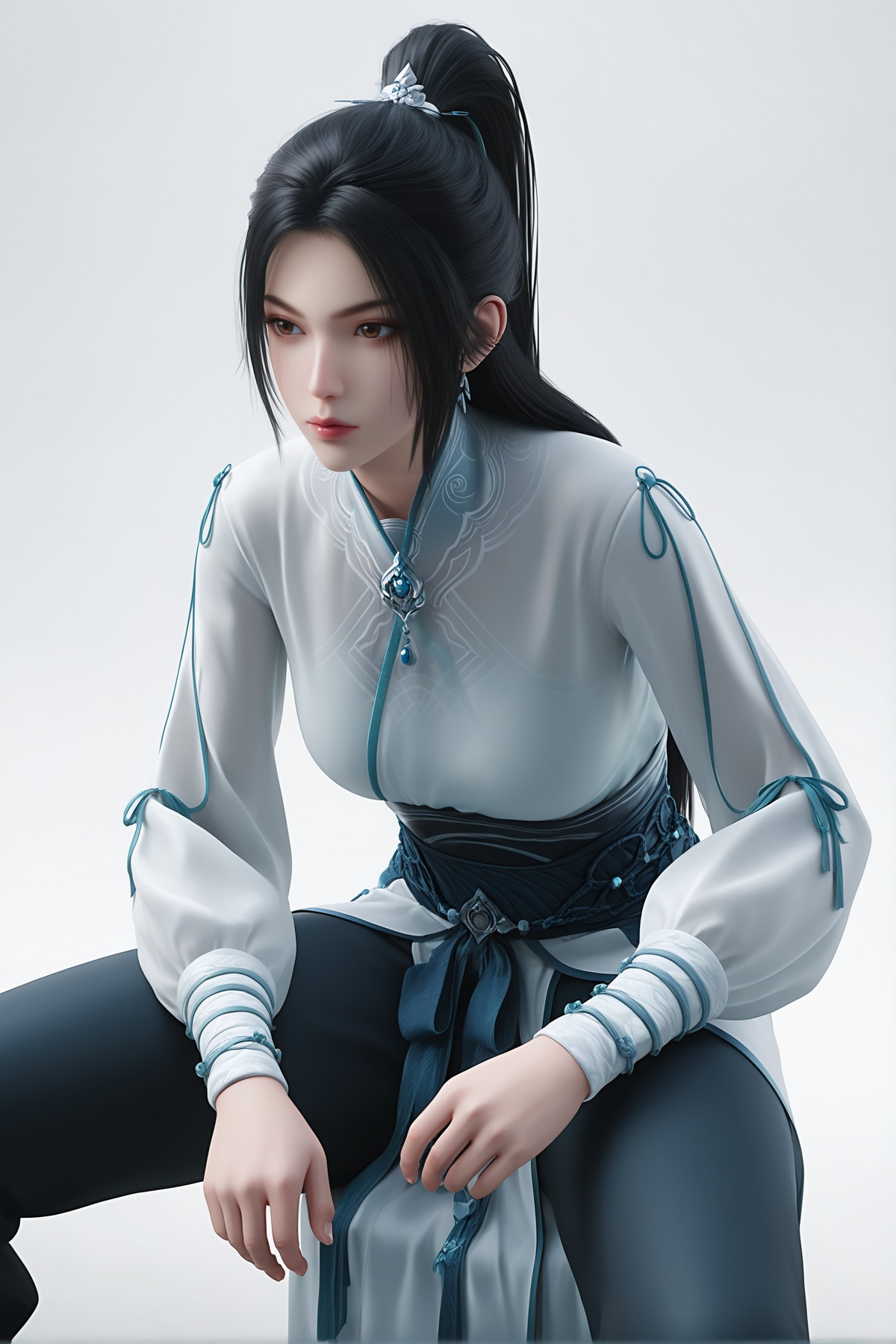masterpiece,best quality,realistic,cinematic,detail eyes,(ultra-detailed),perfect composition,intricate details,absurdres,detailed face,high quality,high res,8K,<lora:X_ningyao_IL3.0:0.8>,black hair,brown eyes,ponytail,1girl,solo,long hair,hair_ornament,chinese clothes,dress,pants,white dress,sitting,black pants,simple background,white_background,