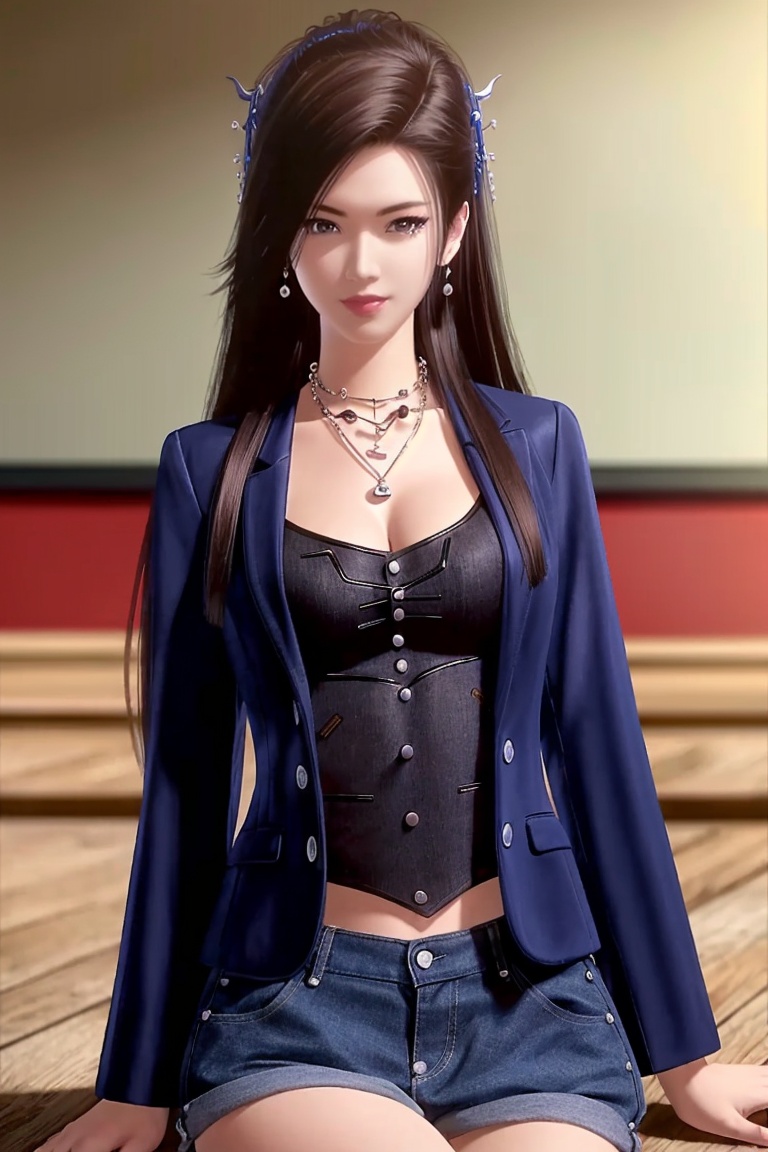 ((HRD, HUD, 8K)),((masterpiece, best quality)), highly detailed,1girl, solo, hair ornament, brown hair, black hair, long hair, brown eyes,necklace, jewelry, earrings, (t-shirt:1.2), (blazer:1.2), denim shorts,blurry background, classroom, chalkboard, sitting, cowboy shot, looking at viewer, <lora:20240525-1716650918118:0.7>