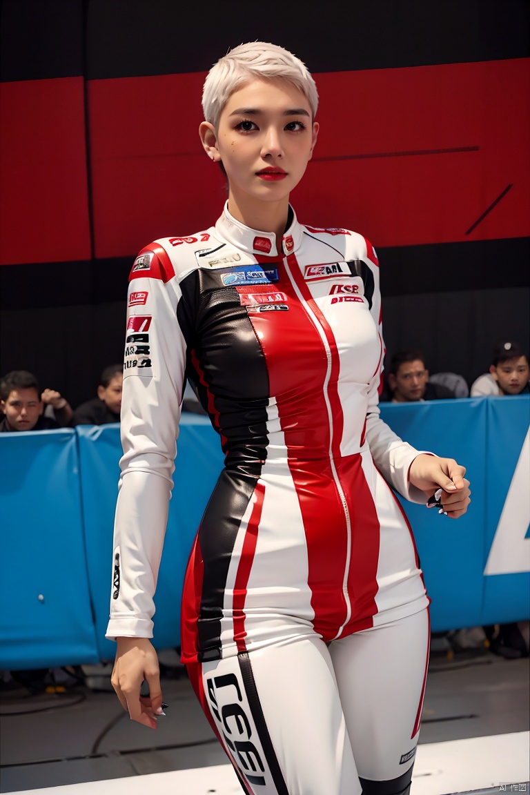 Driver model1girl, solo, short hair but not ears, white hair, professional female driver, driver equipment, leather, leather clothing, leather pants, tights, red, {{MOTOGP special leather}} standing, facing the audience, short hair, buzz cut, short hair but not ears, three-dimensional, cinematic, textured, on the track<lora:EMS-349112-EMS:1.000000>