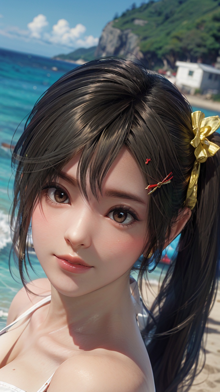 Best quality,masterpiece,ultra high res,misaki,1girl,solo,perfect fingers,waving,looking at viewer,large breasts,closed mouth,outdoors,beach,blurry background,<lora:misaki1r:0.7>,side ponytail,hair ribbon,hairclip,<lora:shiranui_mai_(cosplay)_v0.1:0.7>, shiranui mai \(cosplay\),japanese_clothes,ninja,