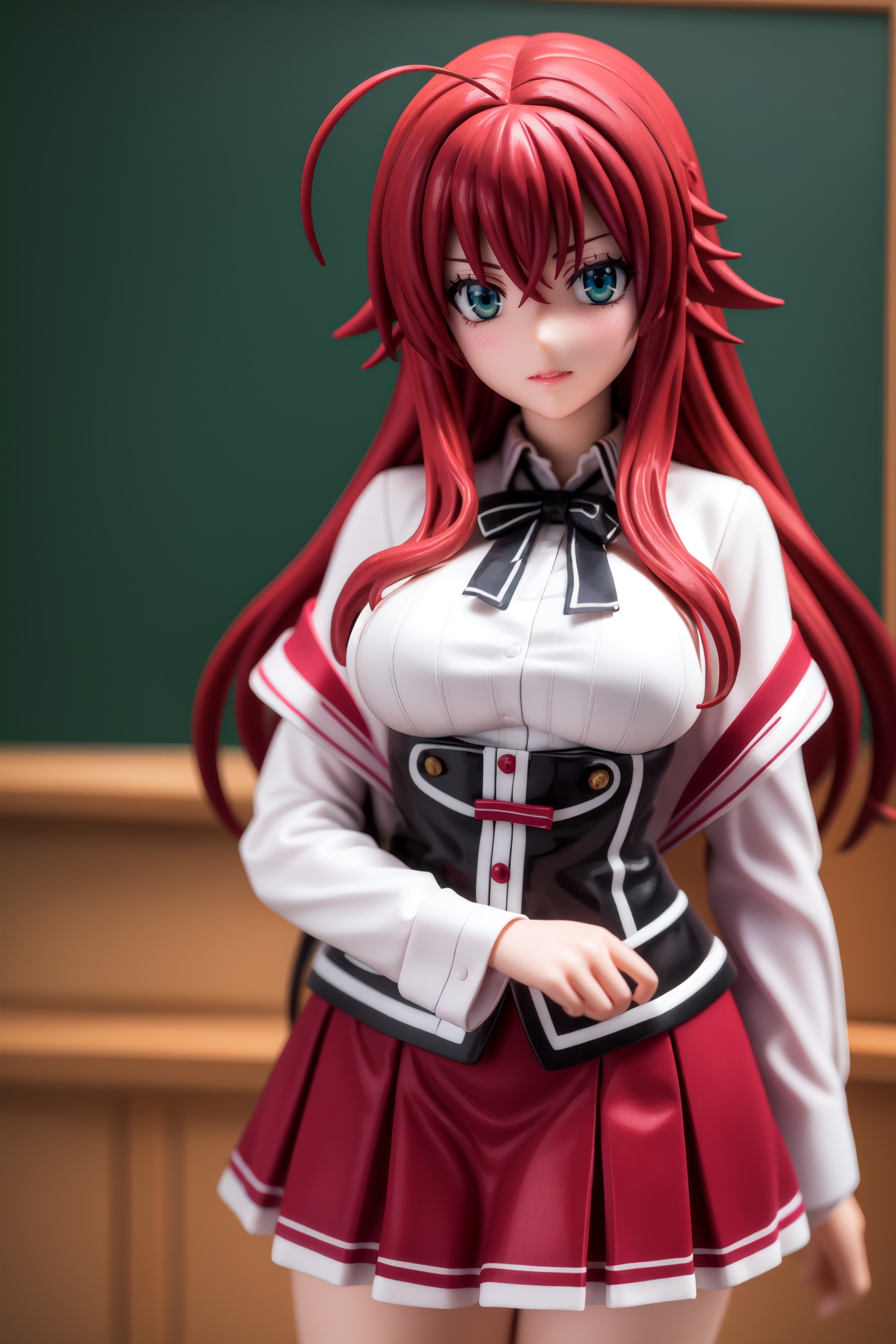 pvc style,riasgremory, <lora:rias gremory anime s1-lora-nochekaiser:1>,rias gremory, huge ahoge, long hair, hair between eyes, (green eyes:1.3), red hair,BREAK shirt, ribbon, school uniform, white shirt, black ribbon, neck ribbon, capelet, black capelet, long sleeves, skirt, red skirt,BREAK indoors, classroom,BREAK looking at viewer, (cowboy shot:1.5),BREAK  (masterpiece:1.2), best quality, high resolution, unity 8k wallpaper, (illustration:0.8), (beautiful detailed eyes:1.6), extremely detailed face, perfect lighting, extremely detailed CG, (perfect hands, perfect anatomy),,figma,full body, 