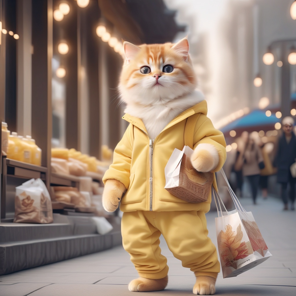((no human)),((Face Shot)),1 yellow cat,face shot,Optimistic,Stylish,Charismatic,Confident,Busy streets,super cute,Holding a shopping bag,standing on the ground,(shopping),photography,super realistic,no blurry,super detailed,.,<lora:myz-System.Byte[]:1>,