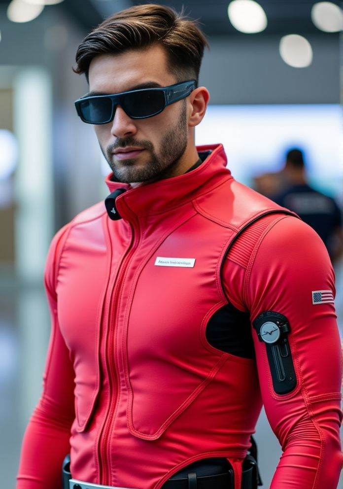 Ferran Torres ,  Hi-res photo. He wears futuristic electronic glasses. He is wearing a light red,  close fitting flight su...
