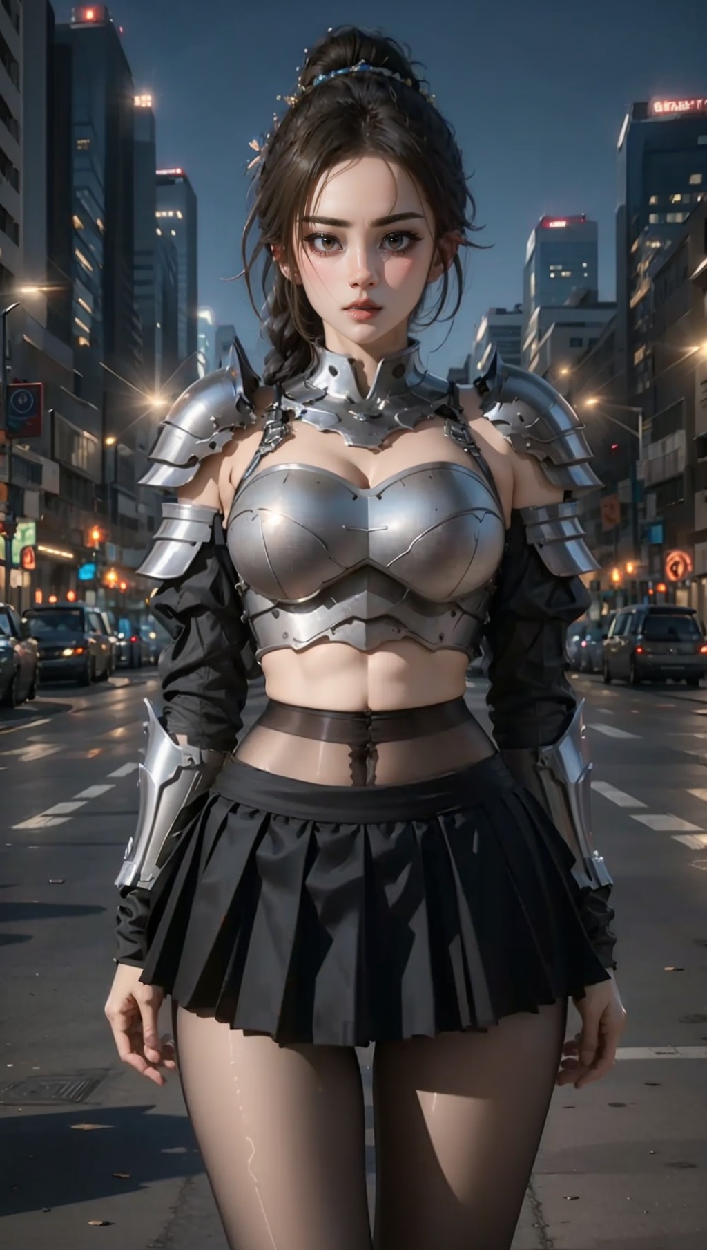 ((masterpiece)),best quality,perfect anatomy,8K wallpaper,mWaistSilk,1girl,braided ponytail,pantyhose,tiara,armored,breastplate,crop top,cowboy_shot,city,night,<lora:mWaistStockings:0.9>,