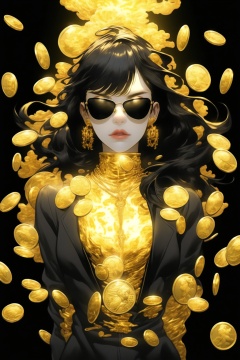 qzqzz, gold, 1girl, jewelry, long hair, solo, black hair, black background, necklace, floating hair, long sleeves, coin, bracelet, upper body, jacket, earrings, hand up, black jacket, parted lips, sunglasses, simple background, lips,<lora:qzqzz-000020:1>,, masterpiece, best quality,