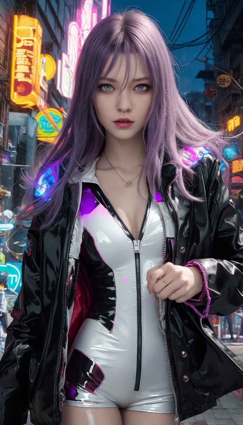 This is a photorealistic CG masterpiece with the best quality, high resolution, and extremely detailed textures, featuring gorgeous lighting. The artwork depicts a girl, who appears alone and is depicted as a magician and a loli. She has white long hair and wears a long coat and purple eyes. She holds a magic wand and has a partial fringe covering her eyes. She wears sports shoes and black tight pants. The artwork also includes elements such as squid tentacles, skeletons, night demons, floating eyeballs, and blood. In the medium shot, the girl is seen wearing a red-eyed white latex bodysuit with a circuit pattern, over a black suit. The artwork includes light particles, glitches, RGB split glitches, image block glitches, digital strip glitches, cyberpunk, and a PCB circuit board.nsfw