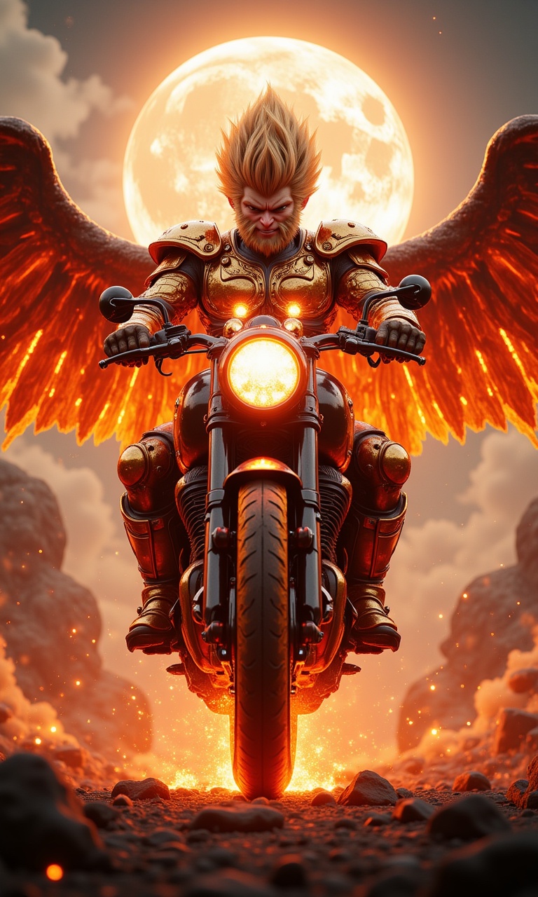 JQZX, Sun WuKong, goku has huge wings. riding on a transformers motorcycle in armor. goku is engrossed, holding a gold belt bar in one hand, ready to attack. fine details, wukong's fire-breathing eyes and fierce scenes, the sun hung high above wukong's head, the whole body exuded red flames, forming a strong reflective contrast. there are dark clouds in the background, smoke and flames in the background, demons and ghosts appear in hell, smoke rises under their feet, with strong light and dark contrast, the picture is centered, (high resolution), rich details, (high quality), chinese mythology style, full-body perspective, fine details and high resolution, best quality, extremely detailed cg, perfect lighting, 8k wallpaper