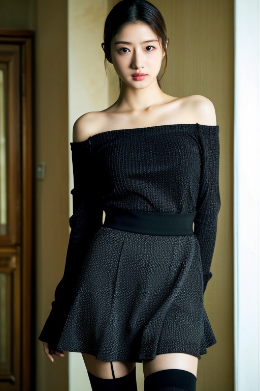 8k,RAW photo,best quality,masterpiece,realistic,1girl,off-shoulder dress,black thighhighs,sexy,hwgirl,<lora:Hwgirl_V05:0.9>,