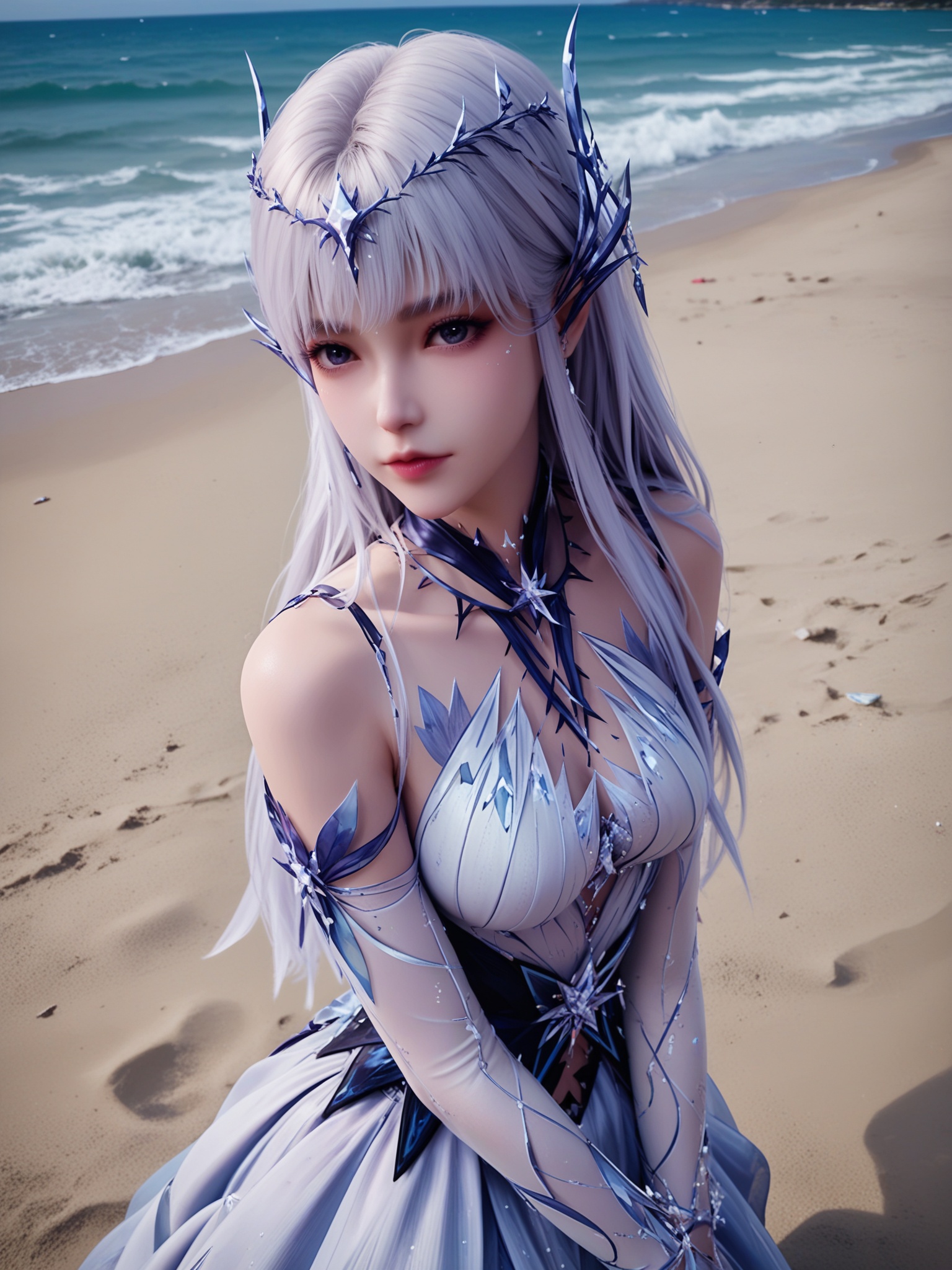 realistic style photo outstanding style,tall,cute,in her teens. Use soft lighting to cast gentle shadows on the subject,adding a touch of dimension to your images without compromising details,score_9,score_8_up,score_7_up,Seaside,beach,waves,full body,<lora:圣采儿-神降套装v5:0.65>,long silver hair adorned with intricate,crystal-like designs. Her attire is intricately designed,with a form-fitting white bodysuit,dress,