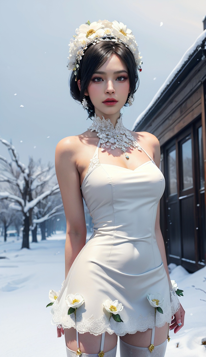 masterpiece,highres,1girl,solo,sfw,arms behind back,<lora:add_detail:0.3>,thighhighs,((beautiful Dress+stocking):1.25),((flower headdress:1.45)),((white theme:1.5)),snow,outdoors,snowflakes,sleeveless,3D graphics,looking_at_viewer,front view,ada wong,<lora:adawongre4r-000007:0.7>,