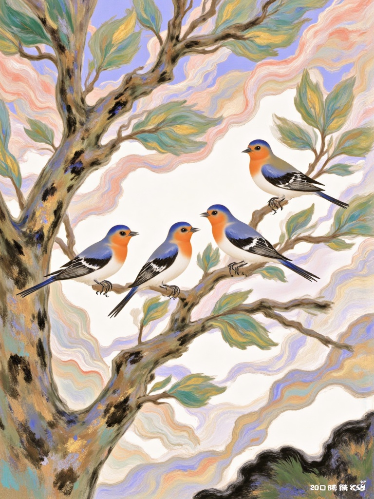 bai,an abstract vintage painting with birds on a branch in a tree, muted colors in the style of Renoir painter, beautiful brushstrokes, happy mood and cheerful atmosphere. 20K, high resolution, ultra high definition, rich details and sharp outlines.