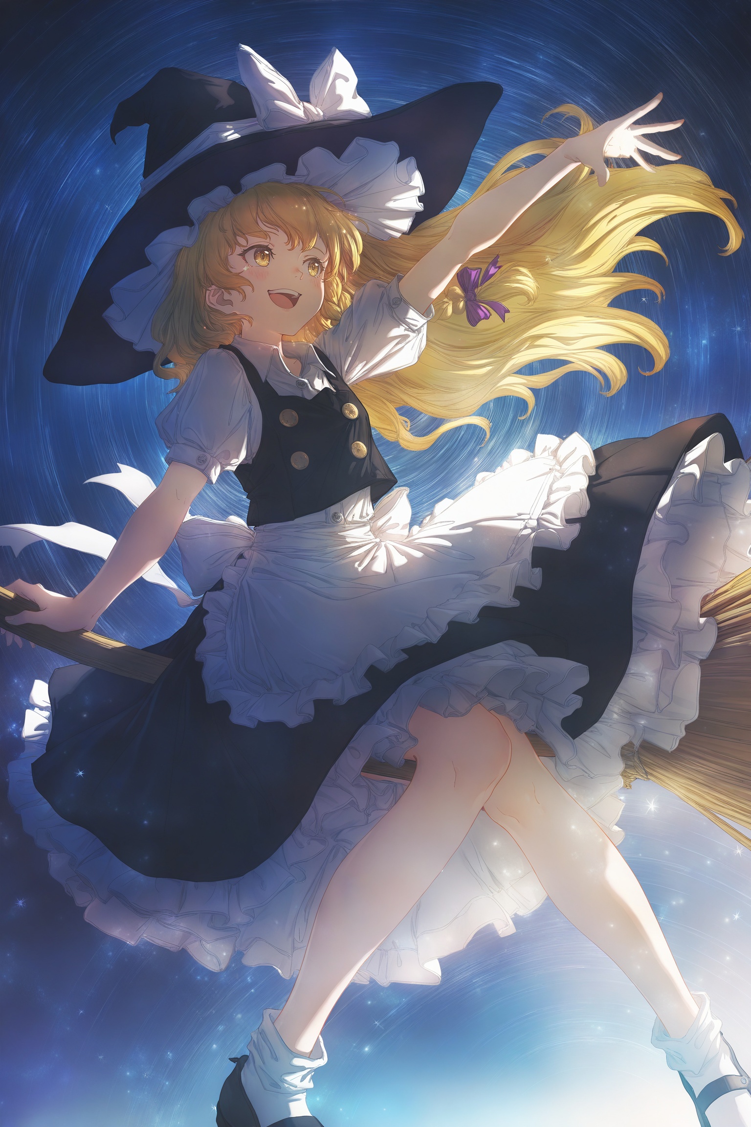 kirisame marisa,1girl,album cover,illustration,dynamic angle,blonde hair,yellow eyes,single braid,long hair,blush,open mouth,:d,smile,looking to the side,black hat,witch hat,hat bow,hair ribbon,purple ribbon,bow,black vest,collared shirt,white shirt,puffy short sleeves,puffy sleeves,buttons,black skirt,frilled skirt,frills,white apron,frilled apron,back bow,white bow,white ribbon,black shoes,mary janes,white socks,broom,broom riding,outstretched arm,outstretched hand,knees,foot out of frame,railing,ripples,star (symbol),star trail,sparkle,light particles,glow,shining,magical aura,night sky,dramatic lighting,depth of field,cover art style,masterpiece,highly detailed,highres,<lora:光辉V1正则miv4t画风V4-000012:0.8>,mivhuafeng,