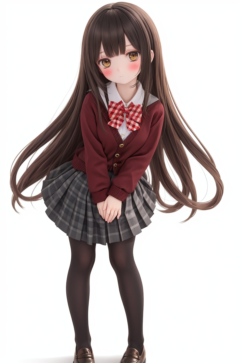 1girl,solo,pantyhose,skirt,long hair,loafers,shoes,simple background,school uniform,brown eyes,plaid,black pantyhose,plaid skirt,looking at viewer,black hair,pantyhose pull,full body,clothes pull,black footwear,pleated skirt,leaning forward,bangs,long sleeves,bent over,cardigan,bow,bowtie,standing,closed mouth,pulled by self,grey background,blush,miniskirt,red bow,sweater,**********,