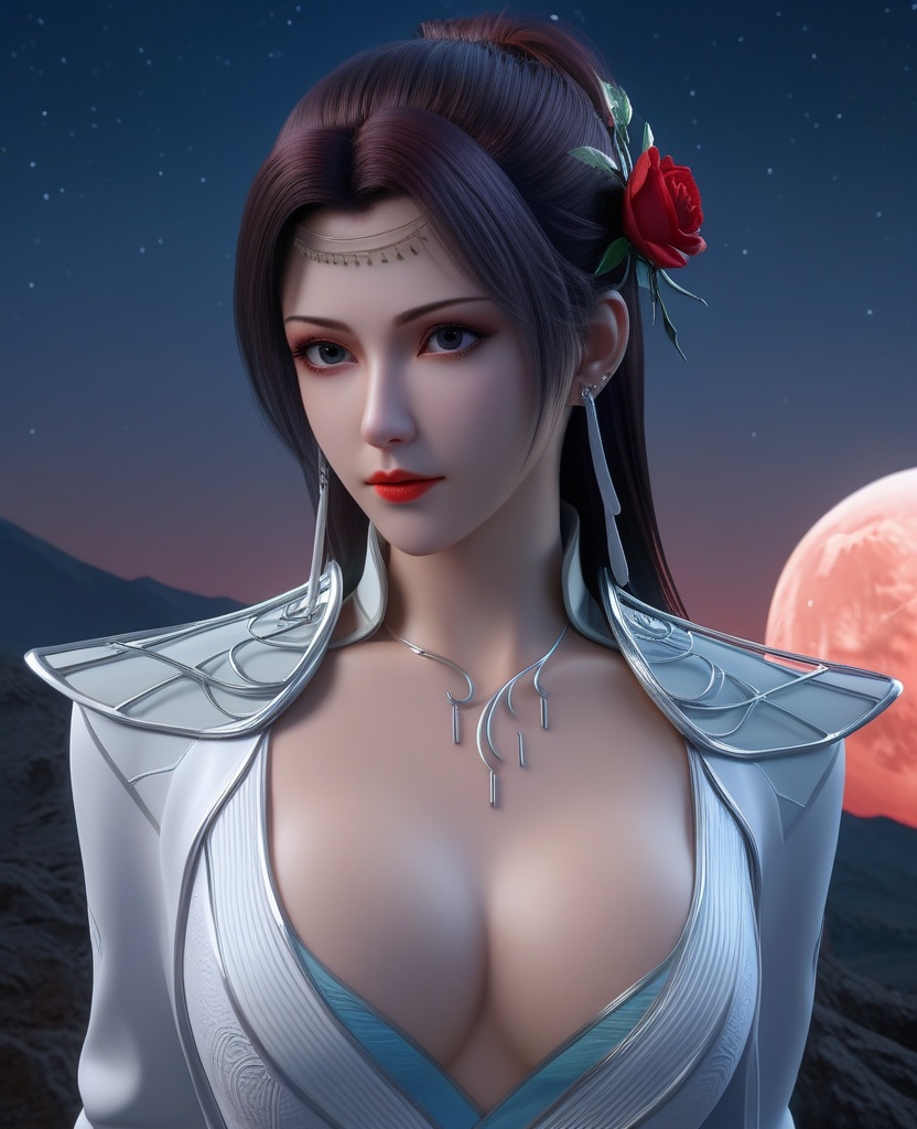<lora:576-DA-XL-斗破苍穹-云韵-白服:0.8>(,1girl, ,best quality, ),looking at viewer,  ,,ultra detailed background,ultra detailed background,ultra realistic 8k cg,, ,masterpiece, (( , )),, ,science fiction,mole, ,    ,red moon, black rose,     (cleavage), (),