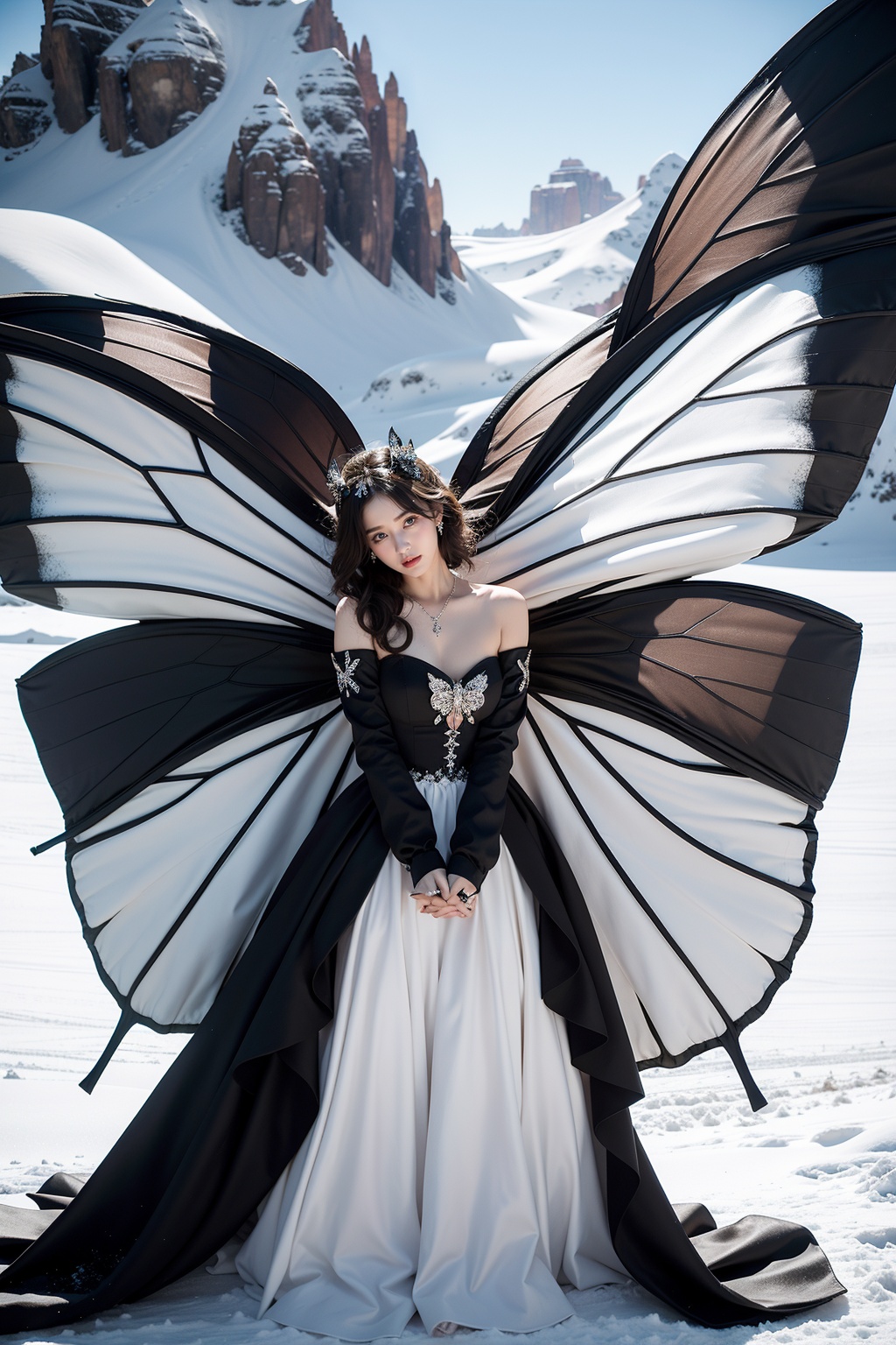 The girl was wearing a black wedding dress, with butterfly wings growing behind her. Her hands were placed behind her, and her delicate features and fair skin stood in the snow. Behind her was a snowy mountain,<lora:HUDIE_20240328094949-000002:0.8>,