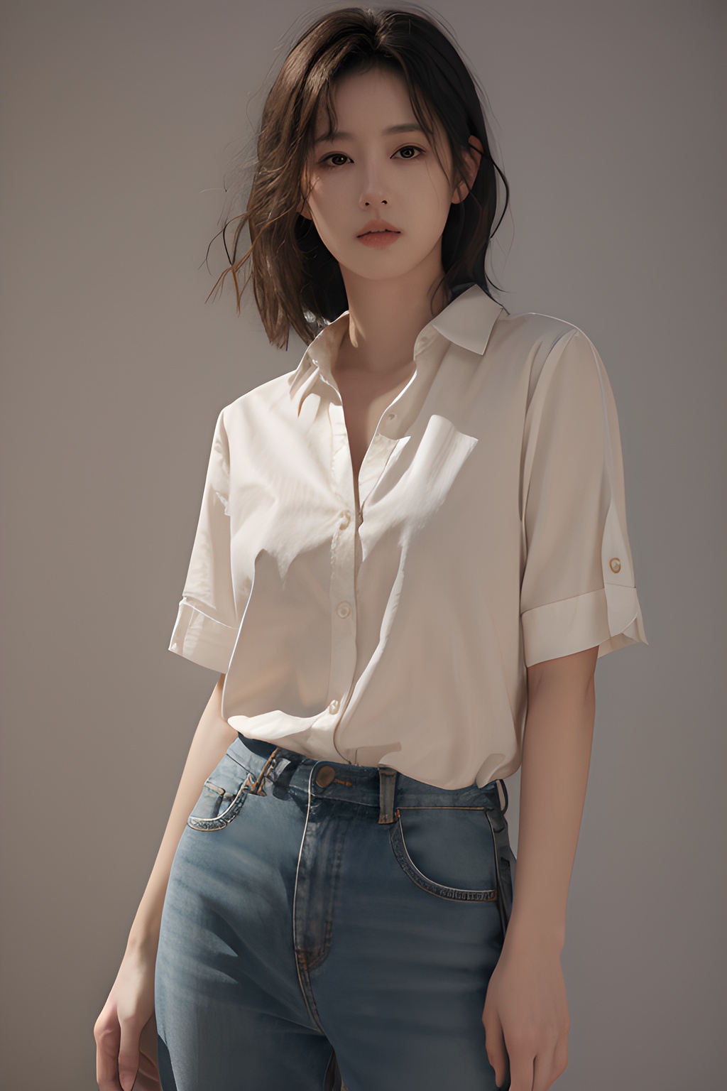 <lora:0806_10:0.7>,simple background,untucked_shirt,, 1girl,realistic,masterpiece, best quality, photorealistic, HDR,detail