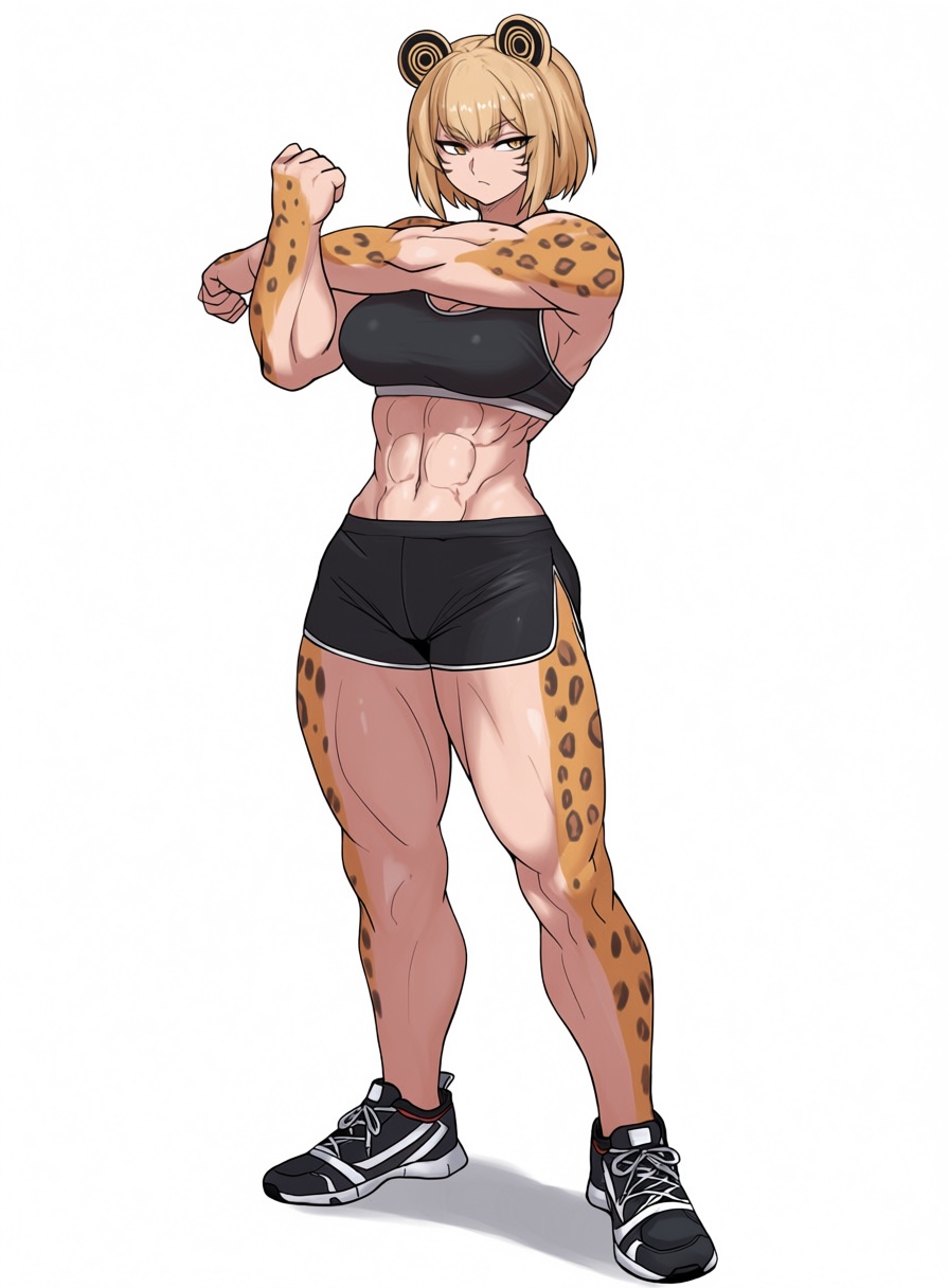 九代艾奇_Style,  a demi human cat girl with a muscular body. Her skin has leopard spots on them and she has short circular leo...