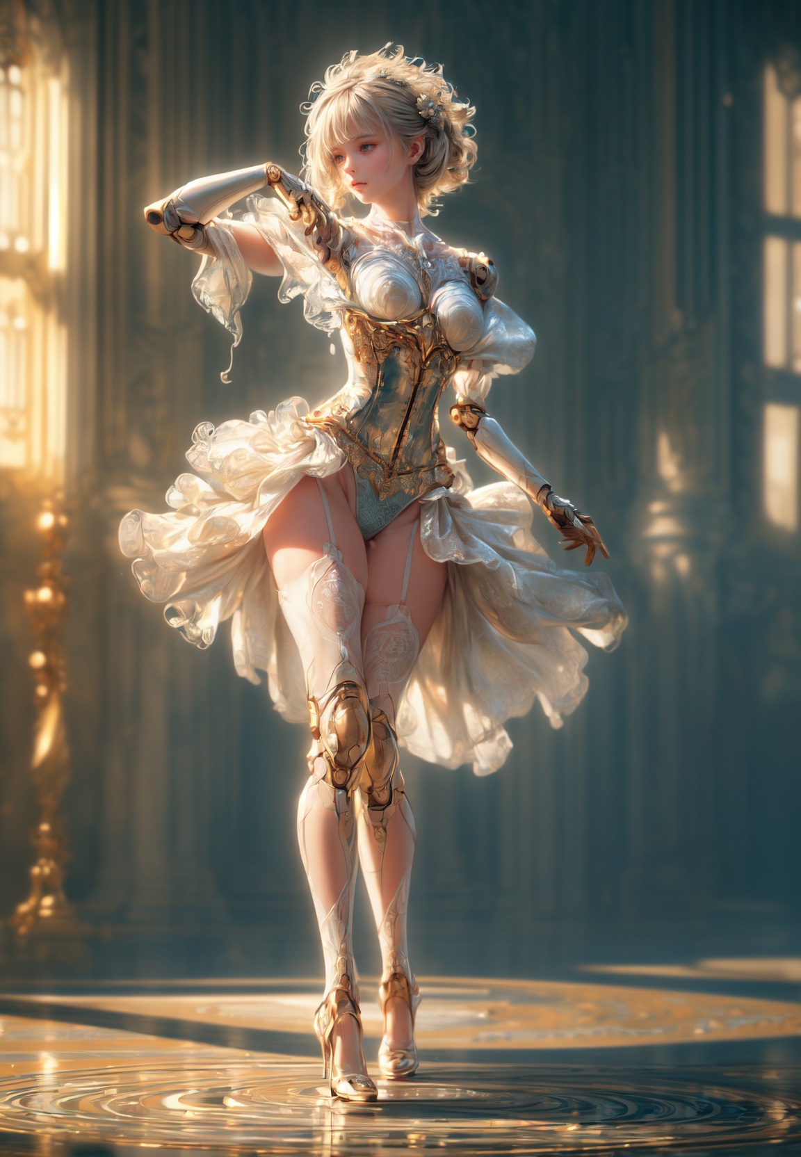 (((masterpiece))),(((best quality))),((ultra-detailed)),(highly detailed CG illustration),((an extremely delicate and beautiful)),(cute delicate face),cinematic light,1girl,full body,(machine made joints:1.4),((machanical limbs)),hair ornament,dancing,corset,dress,high heels,bokeh photography,(soft focus):1.2,out-of-focus highlights,dreamy ambiance,glowing circles,mesmerizing depth,hyperrealism,(photorealistic detail):1.2,incredible accuracy,lifelike textures,masterful technique,jaw-dropping precision,artistic dedication,