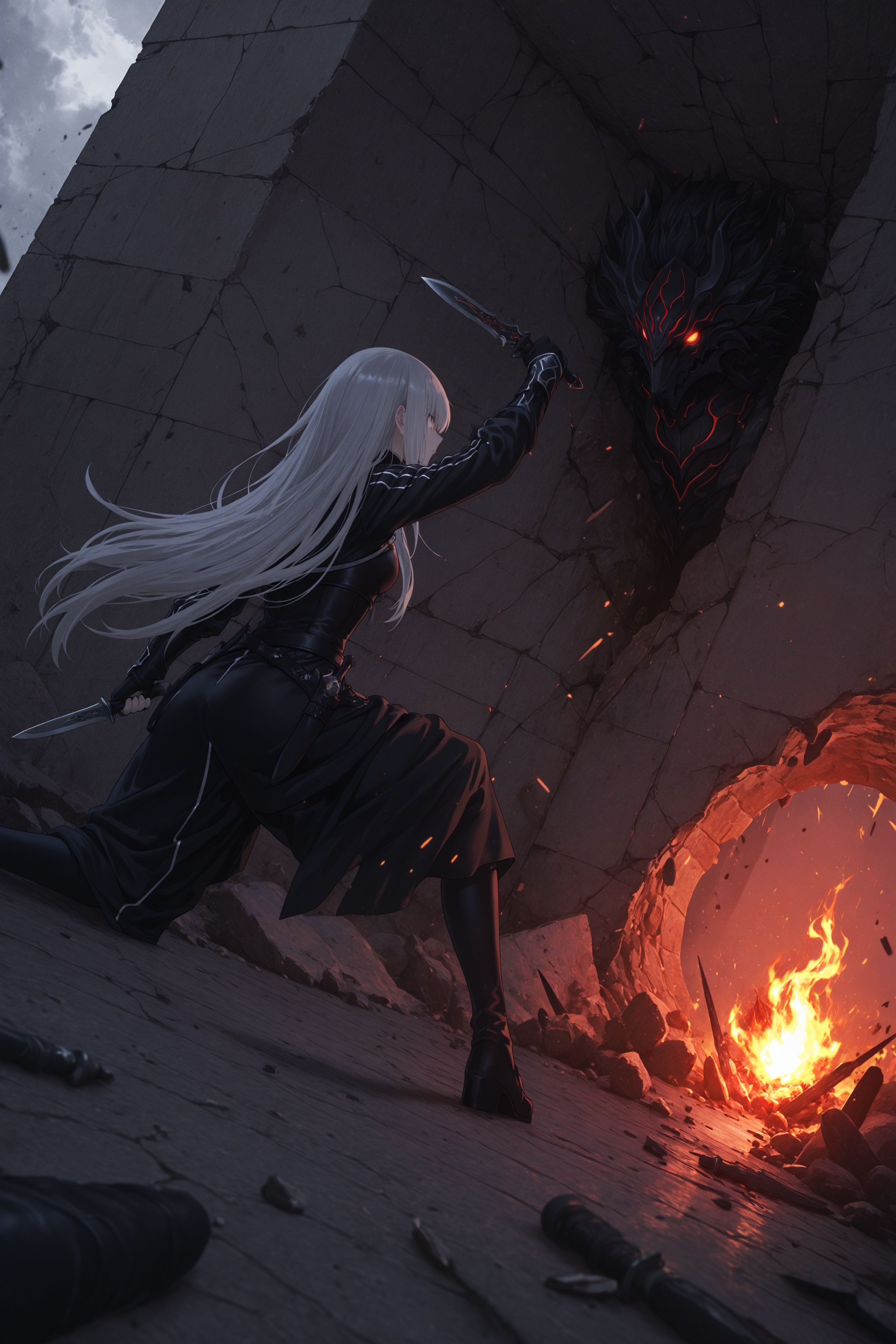 masterpiece,dutch angle,scenery,shixuexiao:0.5,eufoniuz:0.5,1girl,gray_\(fate\),kikuyarou,battle,broken wall,knife light,eyes flame,fu_r_y,