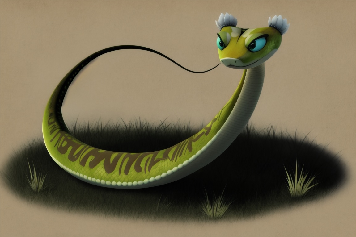 Masterpiece,Best Quality,master viper,snake,grass,full body,feral,thin tail,simple background,solo,<lora:master viper-000008:1>,(headdress:1.1),full body,belly,