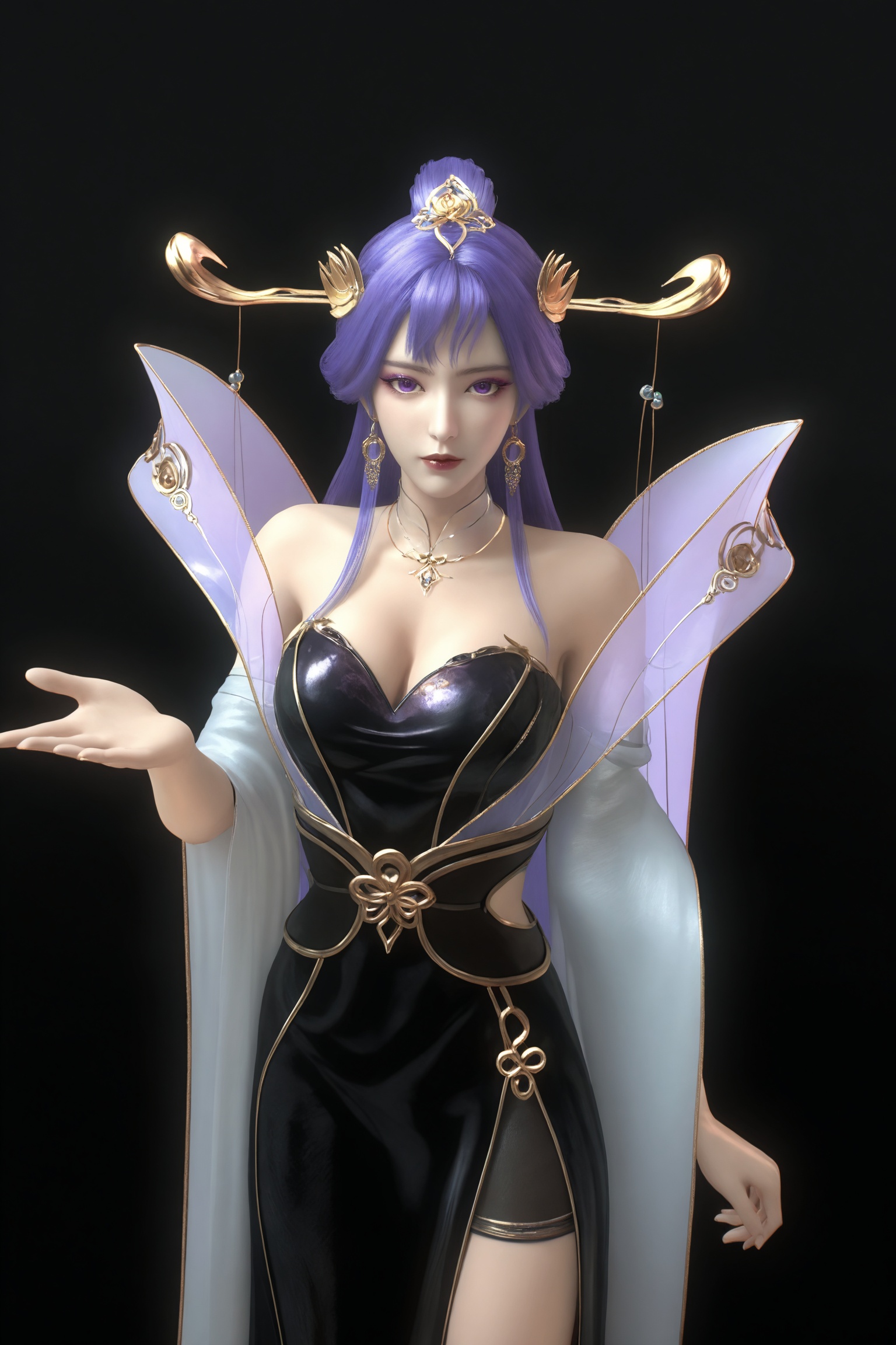 black background,standing,looking at viewer,1girl,tq\(blcs\),long hair,purple hair,hair ornament,breasts,jewelry,hair stick,earrings,purple eyes,necklace,bare shoulders,cleavage,detached sleeves,black dress,black footwear,shawl,