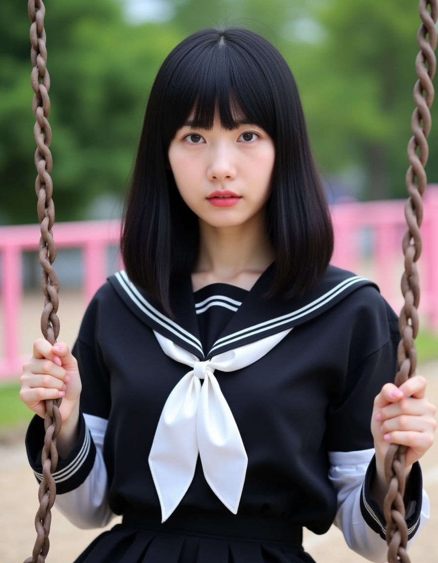 A photograph of a young East Asian woman with straight, shoulder-length black hair and bangs, wearing a traditional Japanese school uniform. The uniform is black with white accents, featuring a sailor-style collar and a white bow at the chest. She is sitting on a brown metal swing, holding the chains with both hands. The background includes blurred green trees and a pink fence. The woman has a neutral expression and light skin. The image is crisp and well-lit, suggesting it was taken during the day.