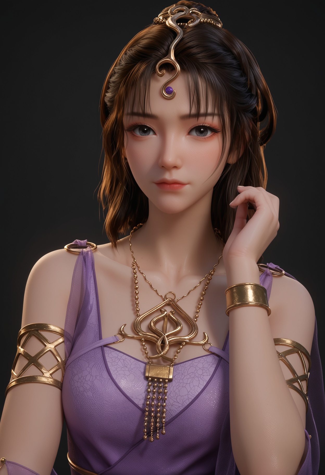 (upper_body:1.2),score_9,score_8_up,masterpiece,(best quality),intricate details,facing viewer,(looking at viewer:1.1),<lora:YQ_pony_wensiyue_V4:0.8>,q1528437228,1girl,solo,jewelry,blue dress,dress,purple dress,necklace,brown hair,long hair,black hair,hair ornament,bracelet,armlet,brown eyes,sandals,ponytail,sash,black eyes,blue eyes,BREAKscore_9,score_8_up,masterpiece,(best quality),perfect anatomy,(hourglass),perfect face,(simple background,pure black background,black background:1.1),fair_skin,shiny_skin,Ivory_skin,