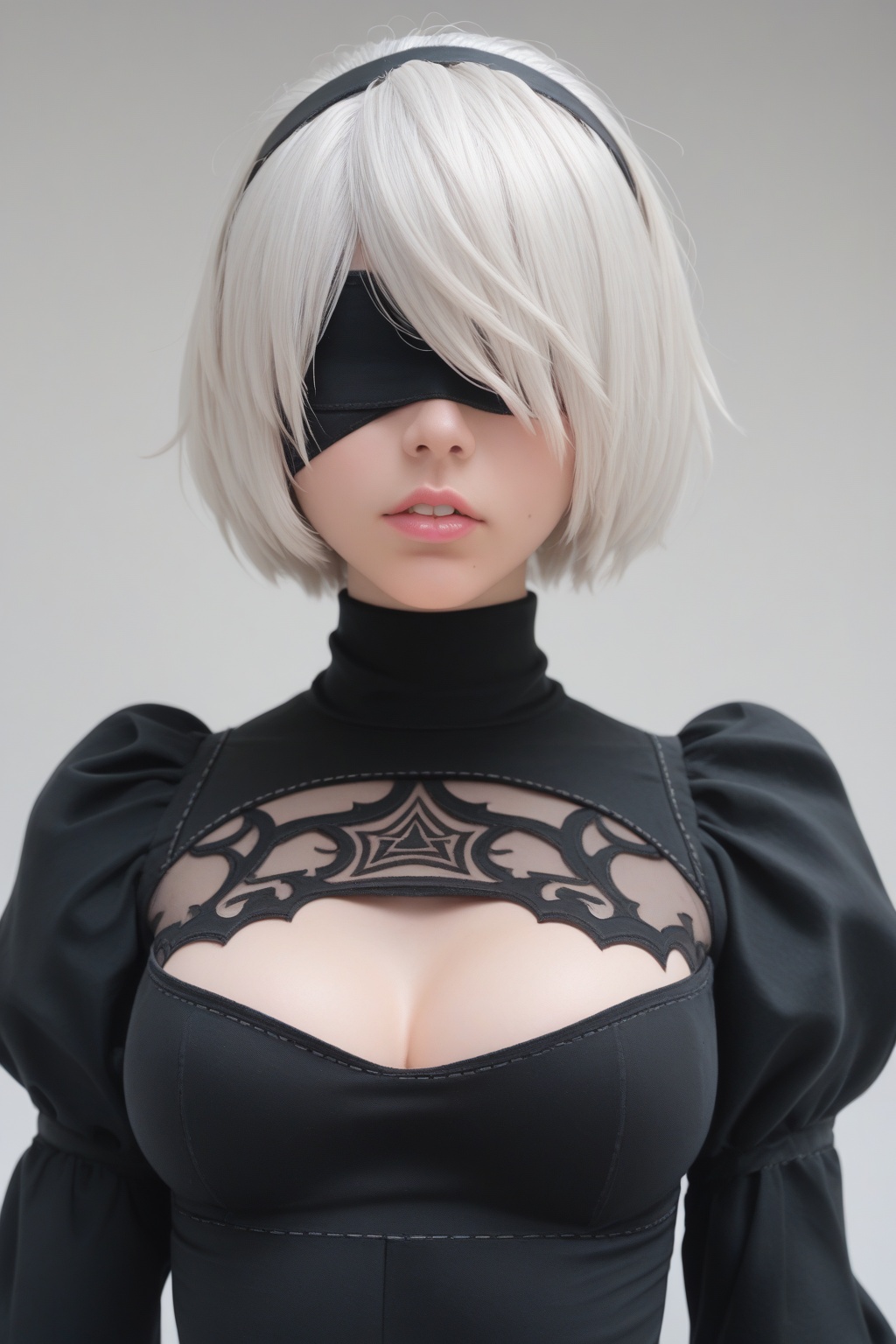 score_9, score_8_up, score_7_up, best quality, masterpiece,realistic, 1girl, solo, blindfold, yorha no. 2 type b, black blindfold, upper body, puffy sleeves, dress, short hair, white hair, black dress, juliet sleeves, hairband, breasts, cleavage cutout, long sleeves, parted lips, turtleneck, clothing cutout, black hairband, medium breasts, covered eyes, mole under mouth, mole, lips, pink lips, nose, facing viewer, hair over eyes, teeth