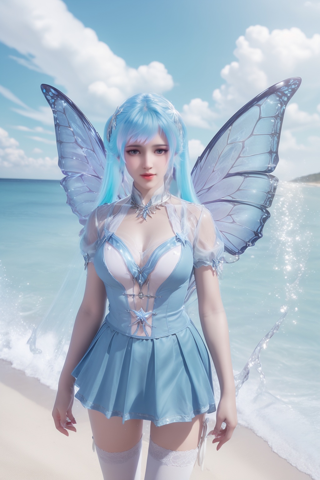 photo_\(medium\),(8k, RAW photo, best_quality),(masterpiece:1.2),(realistic:1.2),(photorealistic:1.3),(ultra-detailed),(extremely_detailed_cg_8k_wallpaper),(crystal_texture_skin:1.3),(shiny:1.2),(shiny_skin:1.4),(extremely_delicate_and_beautiful),shenfengTangWuTong,1girl,solo,torogao,dress,pleated skirt,blue hair,gradient hair,blue theme,twintails,standing,butterfly,butterfly wings,white thighhighs,wings,jewelry,hair ornament,lips,realistic,looking at viewer,Summer,Beach,Sea,sunshine,<lora:shenfengTangWuTong_20240511230122-000007:0.7>,