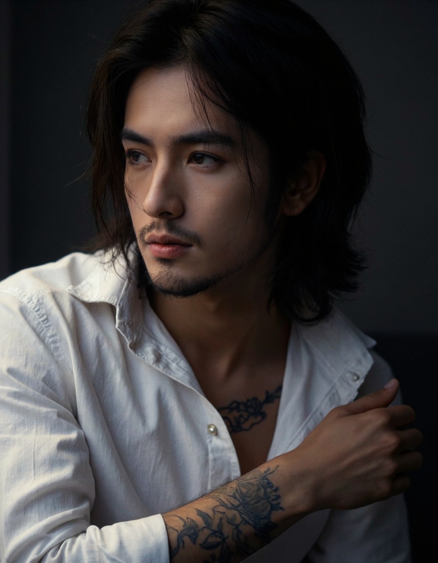 a man with long hair and beard,white shirt and tattoo arm,revealing his muscular upper body,(from above:1.1),from side,soft lighting,high resolution,professional grade,RAW photography,evocative composition,Cinematic Lighting,moody lighting,perfect eyes,depth of field,virtual background,eyes focus,<lora:majichandsome1:0.8>,