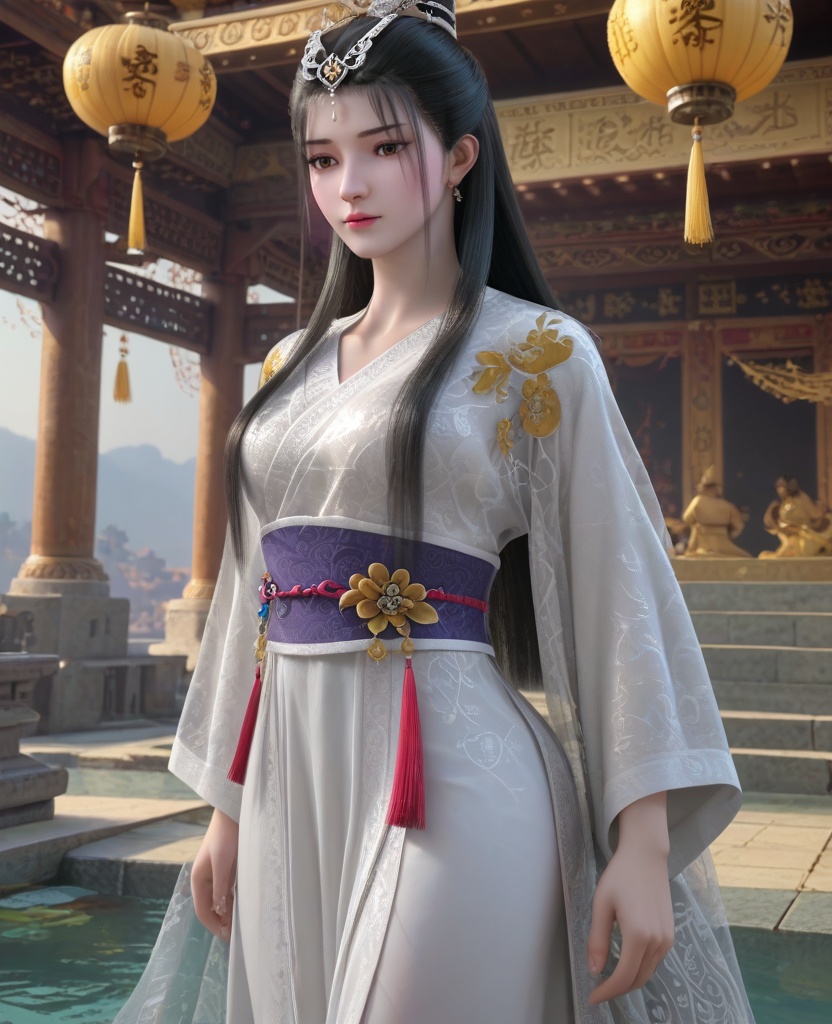 (oriental architecture, elegant decor, sophisticated style:1.1),(making sandcastles:1.1),(breasts:1.2),<lora:XL墓王之王千亦膤:0.95>,miss qianyixue,white dress with embroidery,brown eyes,black hair,long hair,traditional chinese updo with long front strands,jewelry,see-through coat,sash,white pantyhose with embroidery,, score_9,score_8_up,score_7_up,score_6_up,score_5_up,score_4_up,3d rendering,tag1,tag2, Cinematic Lighting,backlighting,