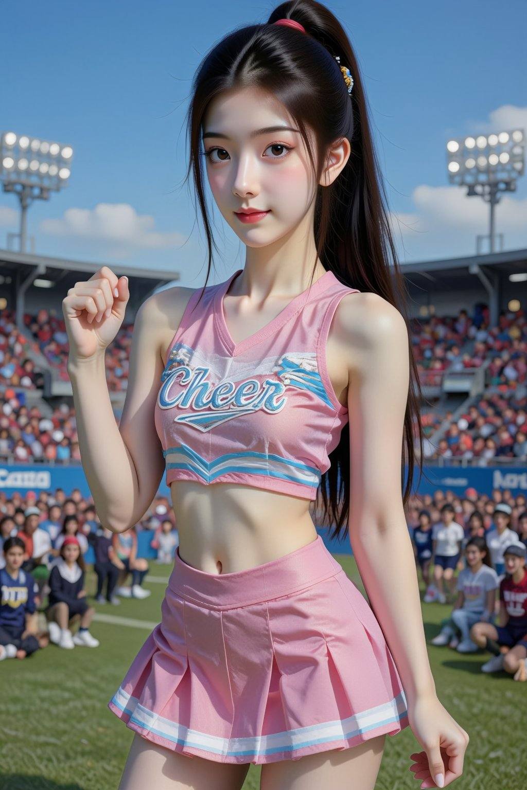 Create an image of a young woman posing confidently in a vibrant sports stadium. She has long,  dark hair styled in a slee...