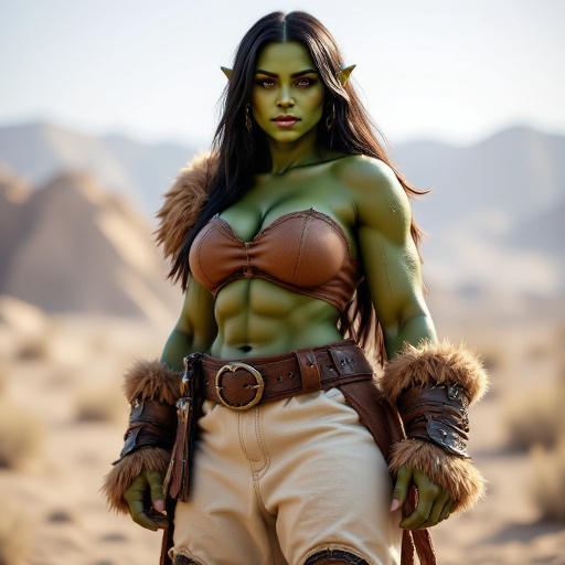 A full body portrait of a beautiful green skinned female Orc warrior,  with green skin,  black hair on Tensor.Art