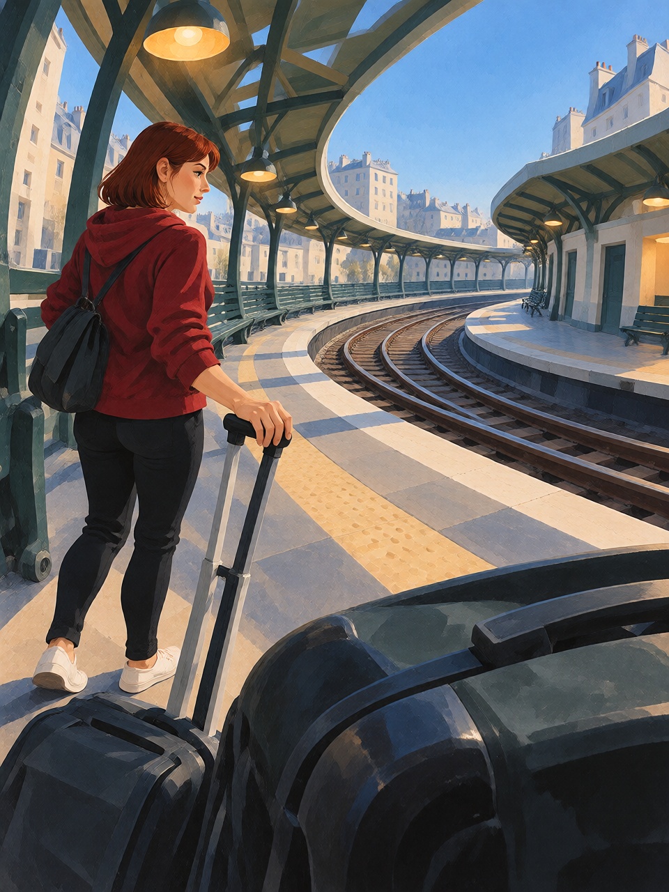 A woman standing at the entrance of a train platform,  suitcase near the viewer,  tracks and platform lines curving away i...