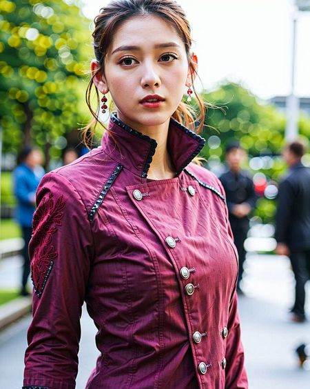 a woman posing on the street corner with red jacket on,  best quality,  1girl on Tensor.Art
